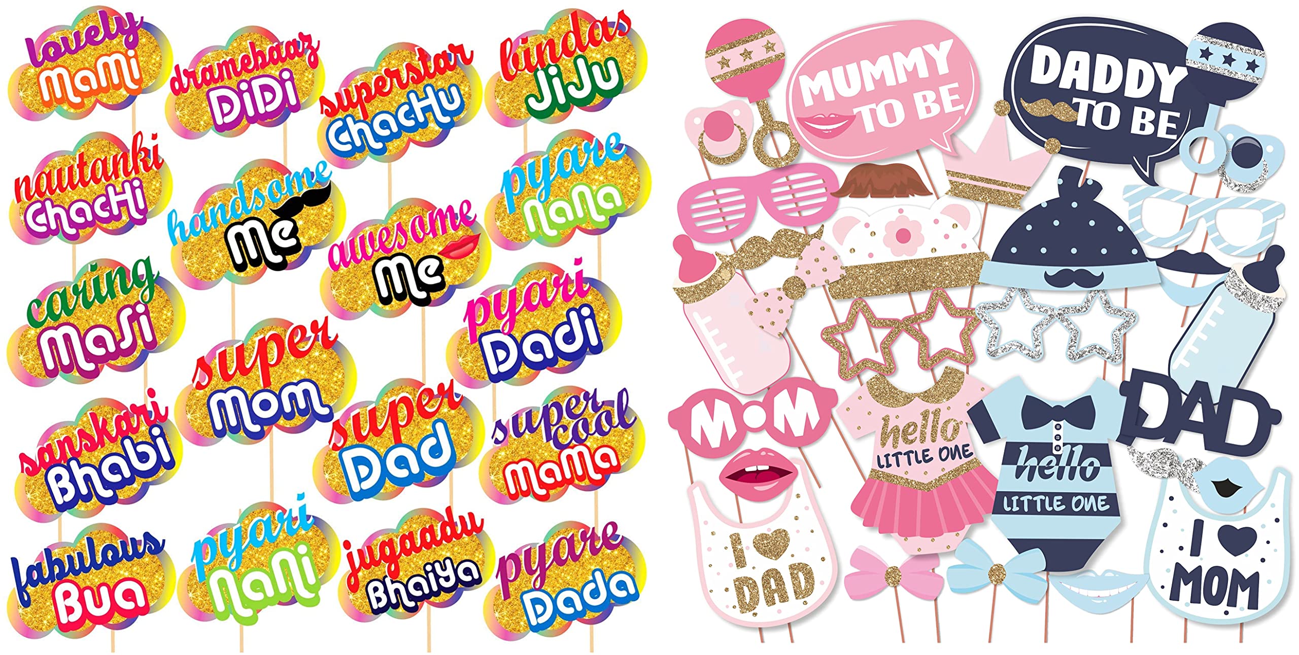 Wobbox All Occasion Indian Family Photo Booth Party Props (18 Pieces) & Baby Shower Photo Booth Party Props DIY Kit, Pink & Blue with Silver & Golden Gliter (B0B9HLF273) Amazon Price History, Amazon Price Tracker