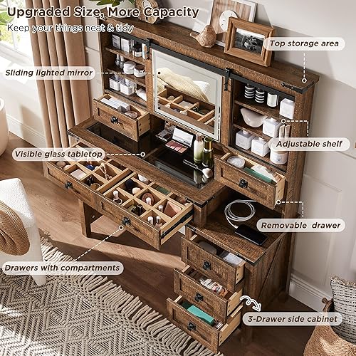 Miniatura 2 de T4TREAM Tocador de Maquillaje Estilo Granja de 48'' con Espejo Deslizante HD y Luces, Mesa de Tocador Grande Moderna Iluminada con 7 Cajones y