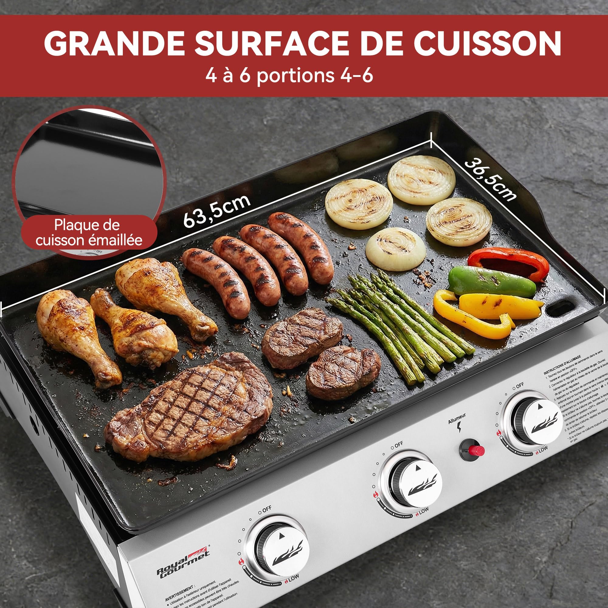 Royal Gourmet Piastra a Gas in Acciaio smaltato, 3 bruciatori di Potenza 7,5 kW, Superficie Cottura 62,0 x 35,5 cm, Portatile per Campeggio ed Esterno