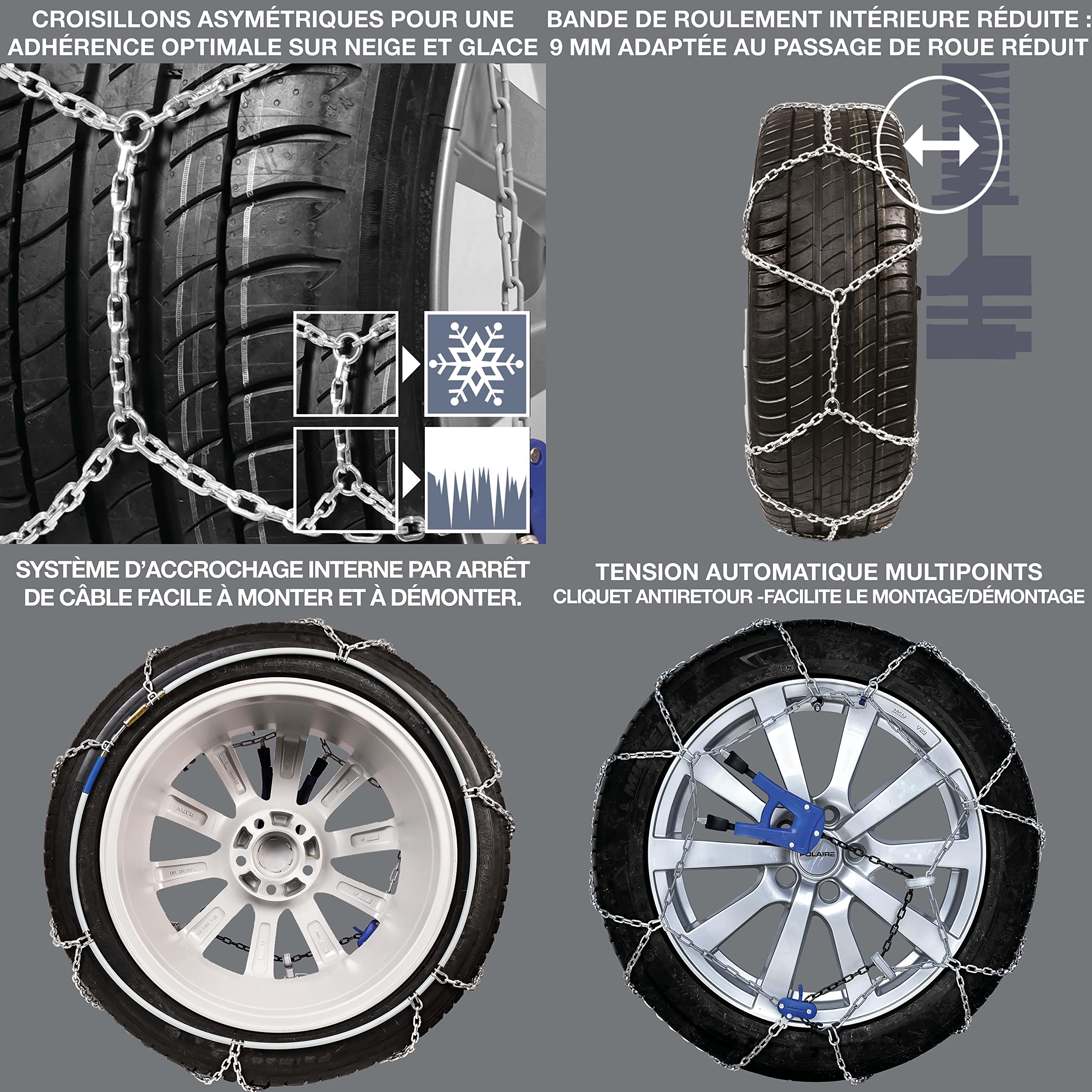 Polaire XK9 - Paire de Chaines à Neige Traditionnelle Pour Pneu Auto - Très Bon Rapport Qualité Prix Sur Neige et Glace - Tension Automatique – Fournie avec sa Boîte de Transport et Gants
