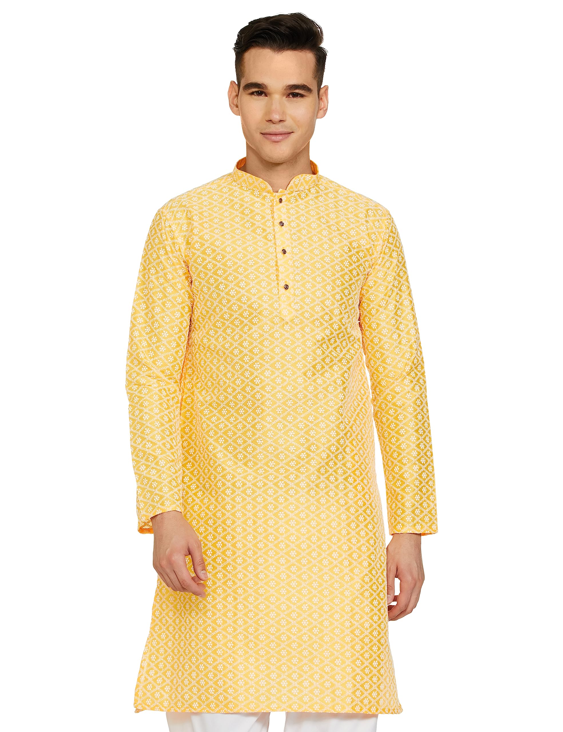 Be Active Men's Traditional Embroidered Lucknowi Full Sleeves Kurta || Cotton Kurta For Men || Men Kurta For Wedding || Kurta For Men (Rfsk0013-Kr 13 S) Yellow