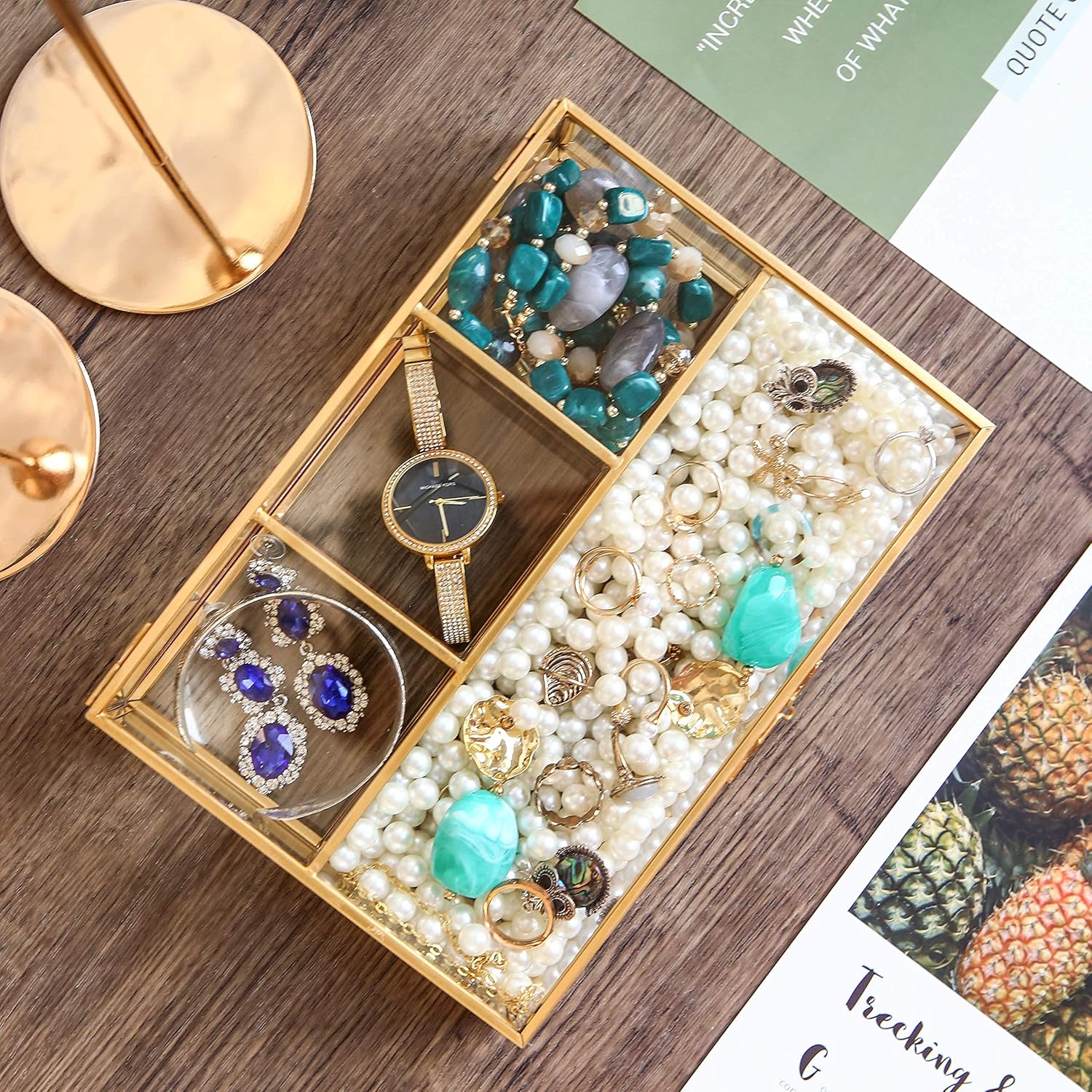 Vintage Glass & Brass Jewelry Box with 4 Compartments - Makeup Organizer, Cosmetic and Treasure Display Case, Elegant Storage Box for Vanity