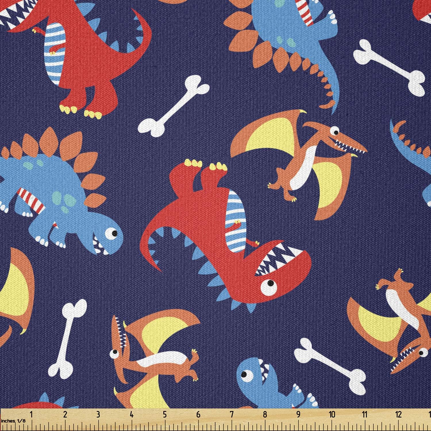 Ambesonne Dinosaur Fabric by The Yard, 3 Different Cartoon Dinosaurs Funny Expressions and Bones Theme, Stretch Knit Fabric for Clothing Sewing and Arts Crafts, 3 Yards, Navy Blue