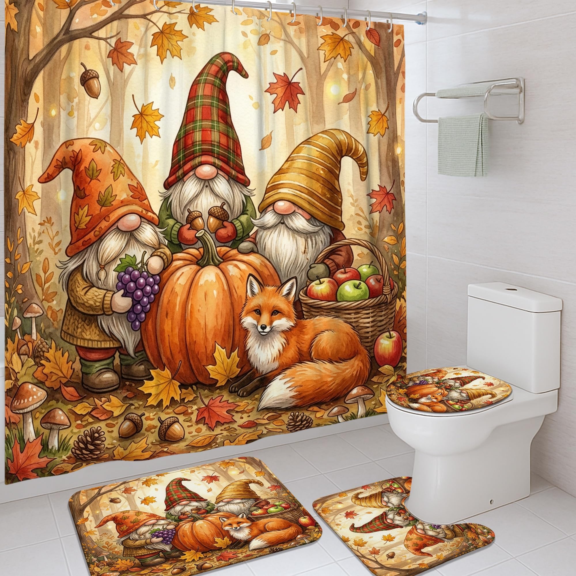 Rideau de douche citrouilles 183x183 cm et tapis rustique orange