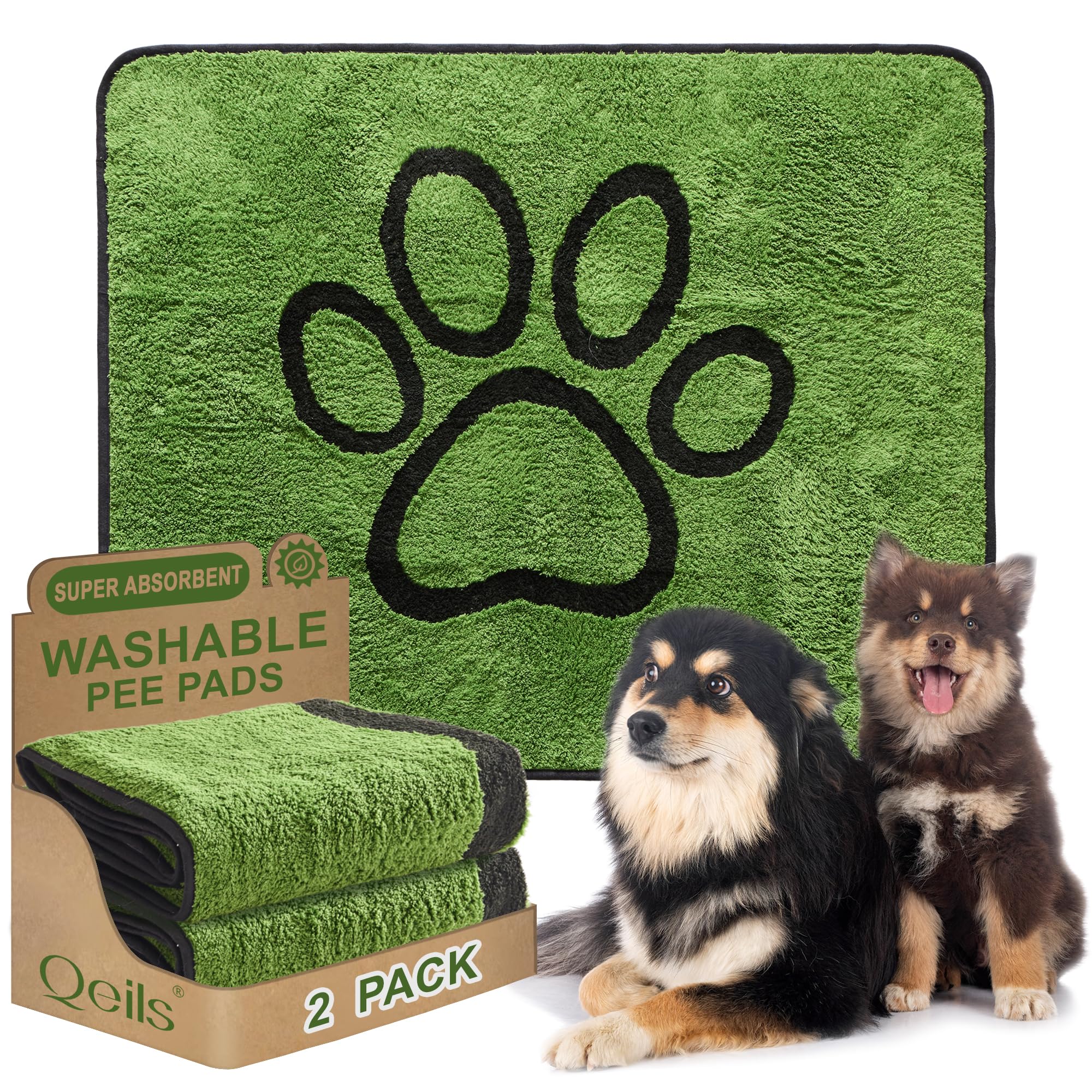 Qeils Reusable Dog Pee Pads, 2 Pack Super Absorbent & Leakproof Washable Puppy Pads with Soft Green Top Layer, for Potty Training, Crates, Couch, Car