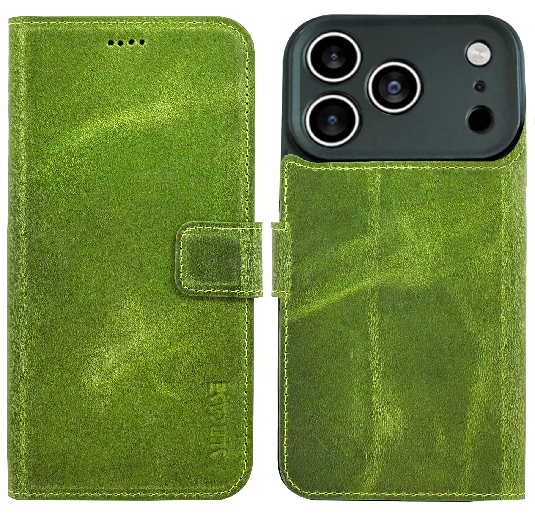 Suncase Oryginalne etui w stylu książki kompatybilne z iPhone 18 Pro Max, etui z prawdziwej skóry, etui na telefon komórkowy, portfel z 3 przegródkami na karty, kolor antyczny, zielony kiwi