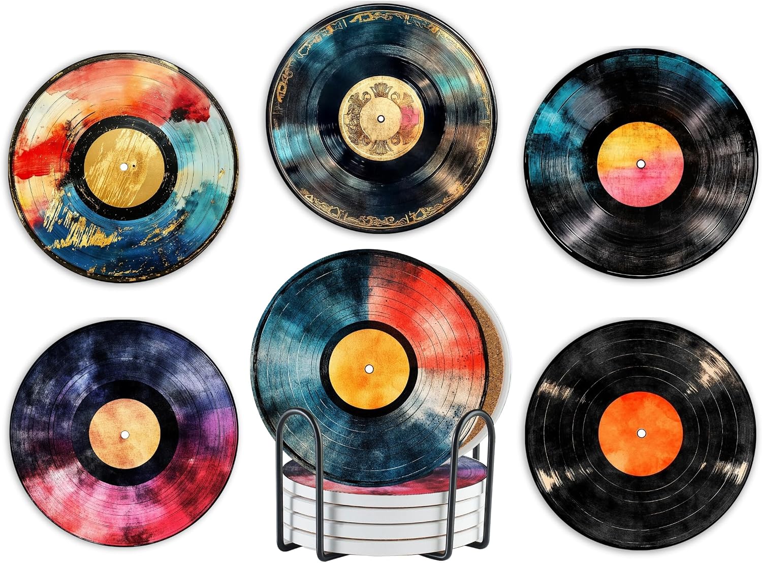 Onebttl Gifts for Vinyl Record Lover, Vinyl Record Coaster Home Decor for Men Women, Moving, Housewarming, Set of 6, Ceramic, Absorbent with Cork Base
