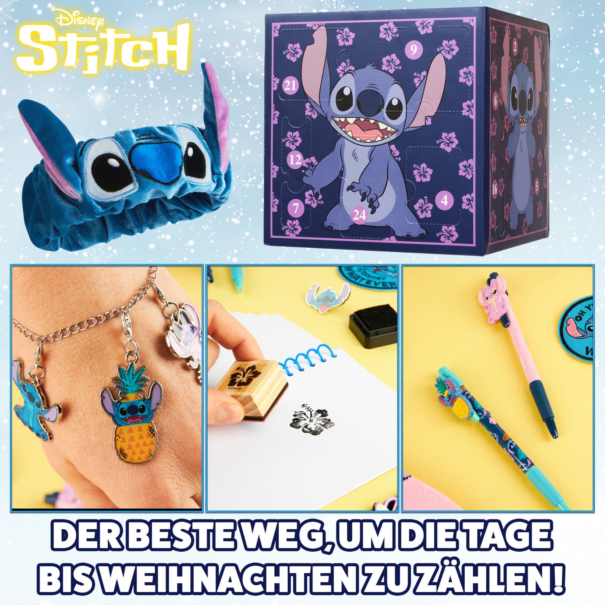 Disney Stitch Adventskalender 2025 Kinder Jugendliche Weihnachtskalender mit 24 Überraschungen Schreibwaren oder Haarschmuck Mädchen Geschenk Idee (Lila Stitch Würfel)