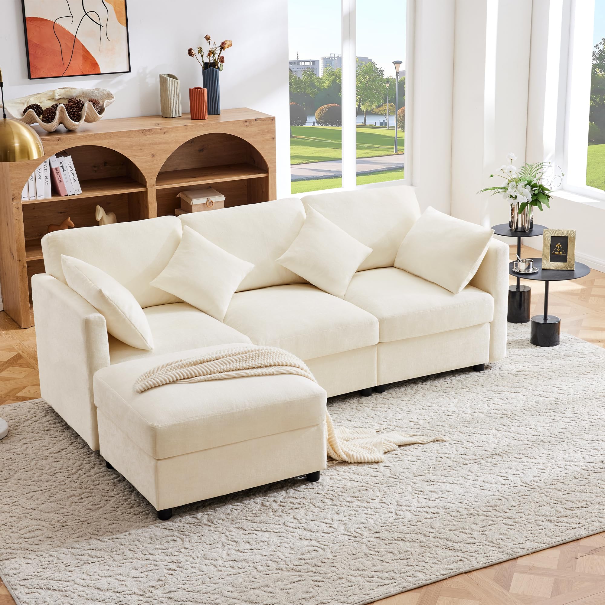 Soweiz Sofá esquinero en forma de L con reposapiés, convertible de 3 plazas, 4 cojines, reposabrazos ajustables, tela de chenilla para salón, oficina o apartamento, 218 x 156,5 x 86 cm, color beige