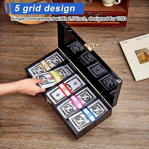 Miniatura 4 de 2 cajas de acrílico con cerradura con 600 envoltorios de moneda, organizador de efectivo de 5 compartimentos con cubierta con cerradura, bandeja de