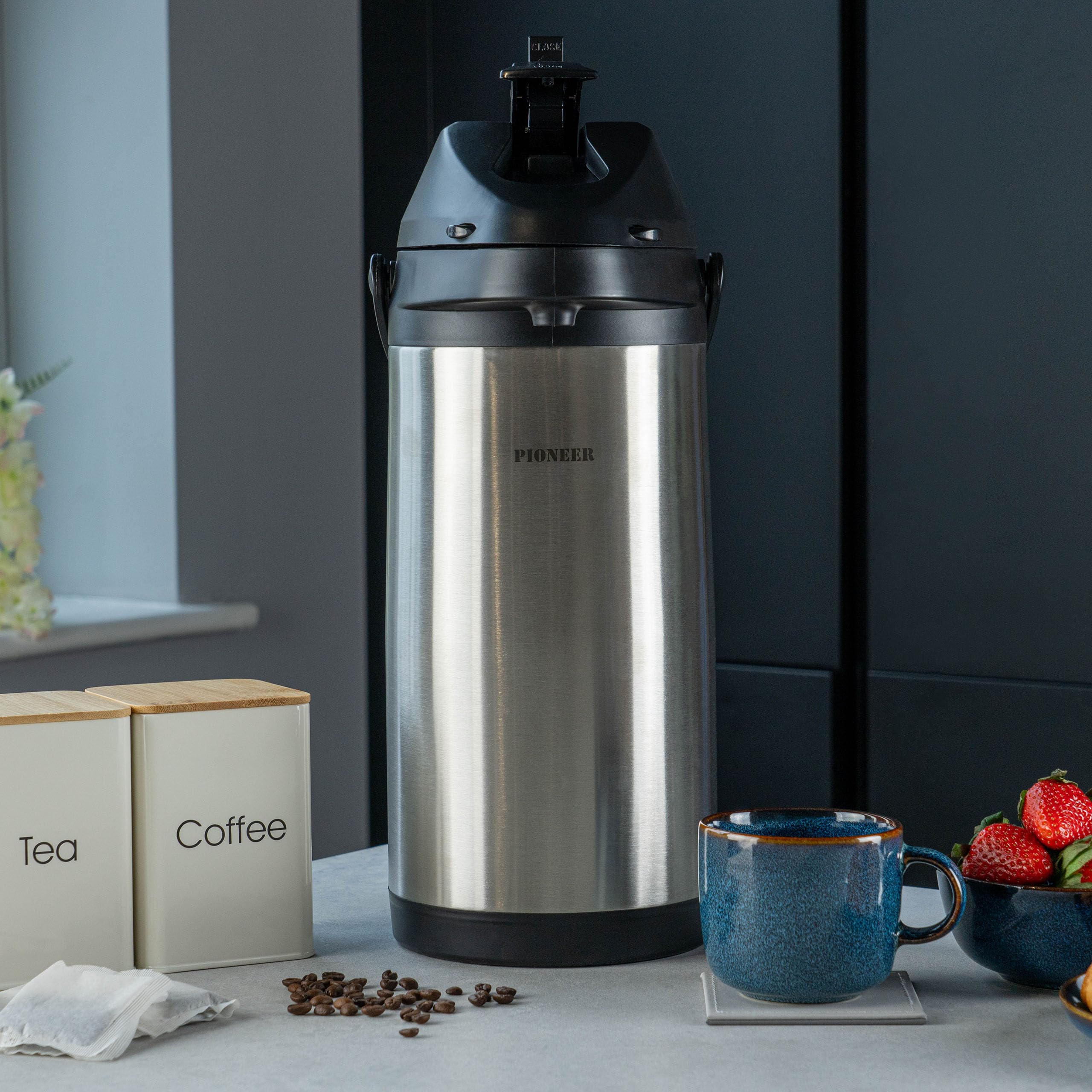 Pioneer Thermos da 5,0 litri in acciaio inossidabile con leva, flacone a tenuta stagna per bevande calde e fredde, distributore di bevande con pompa facile da usare per eventi