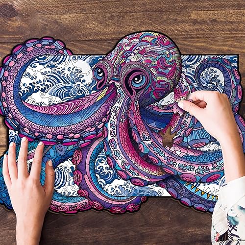 Miniatura 7 de Rompecabezas colorido de mandala, pulpo de mar de madera, rompecabezas de 200 piezas para adultos, divertidos rompecabezas de pulpo oceánico,