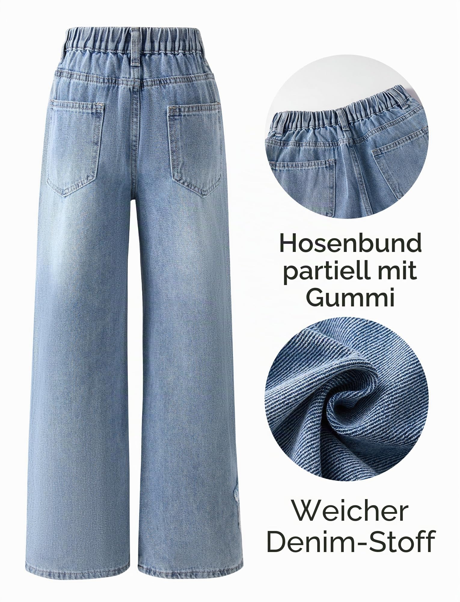 SEAUR Jeans Mädchen Weites Bein Jeanshosen mit Gummibund Y2K Denim Jean Hose Straight Sternenmuster 130-160=(EU 128-158)