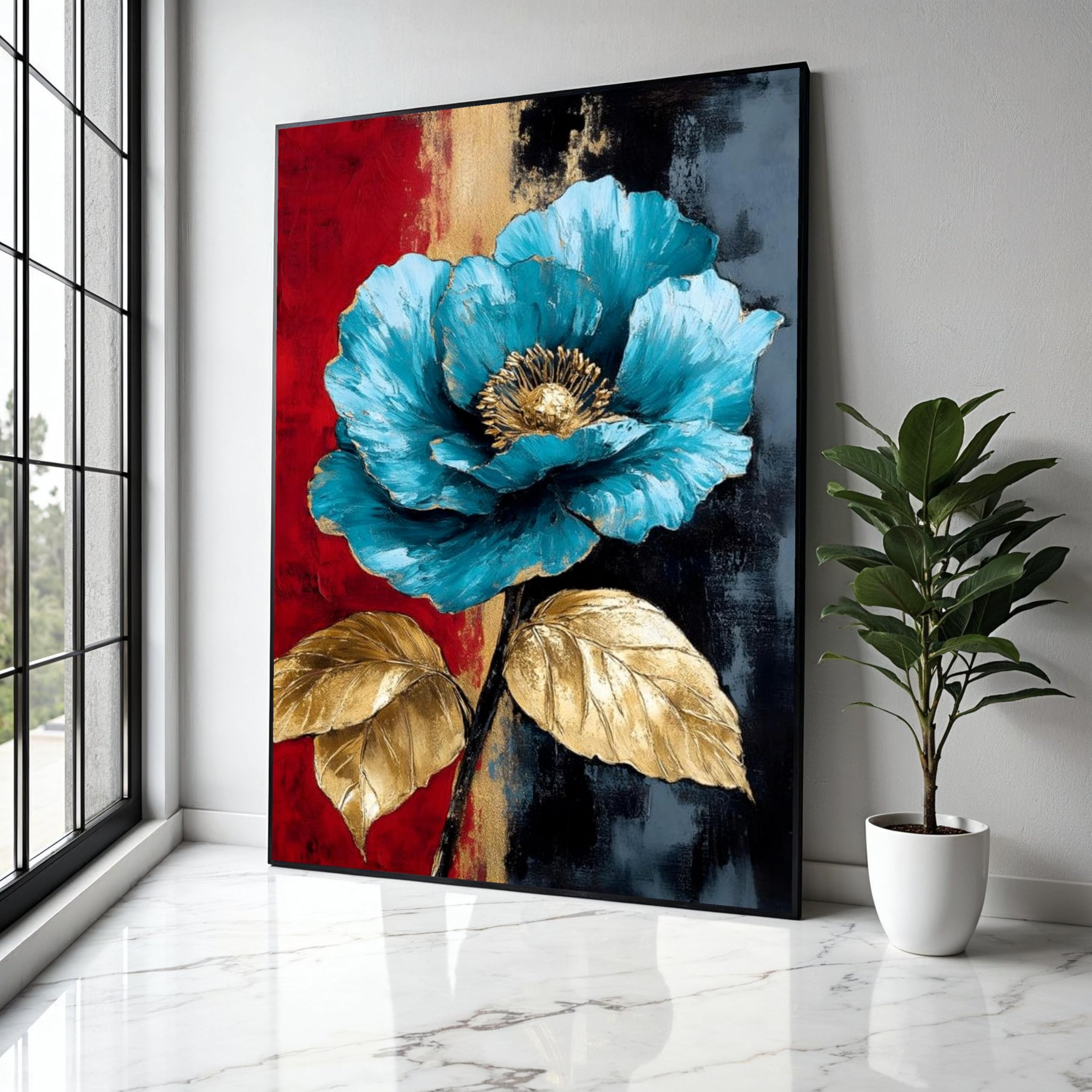 Toile fleurs bleues et dorées 40x60cm tableau chic - 8