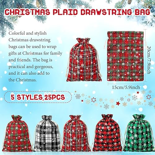 Miniatura 3 de Shappy 25 bolsas de Navidad con cordón y patrón de copo de nieve, bolsas de tela de lino para regalo de Navidad, fiesta de cumpleaños (6 x 8