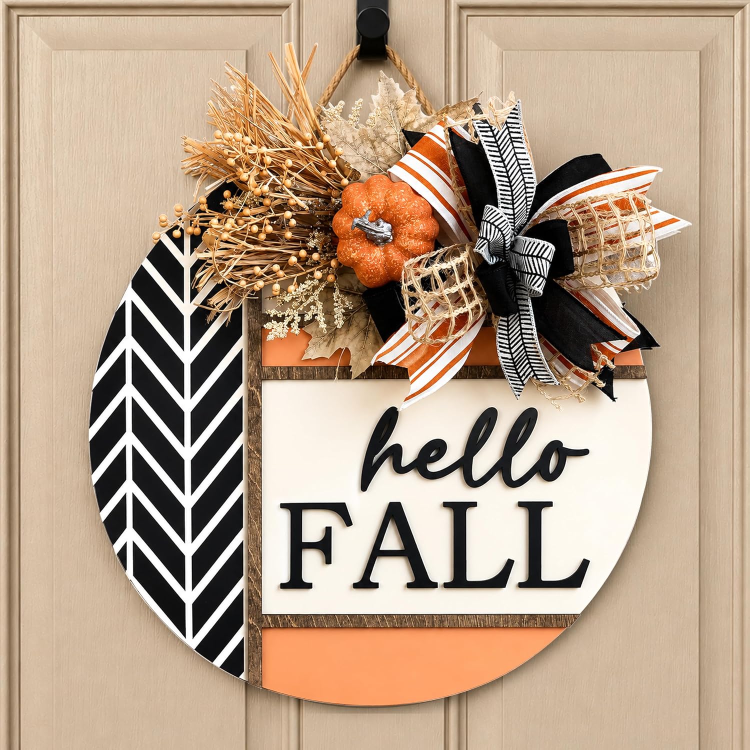 Fall Door Decor, Hello Fall Door Hanger Sign with Pumpkin and Bow, Rustic Round Fall Wreath Sign for Front Door, Fall Decorations for Home, Porch and Wall, Thanksgiving Farmhouse Decor