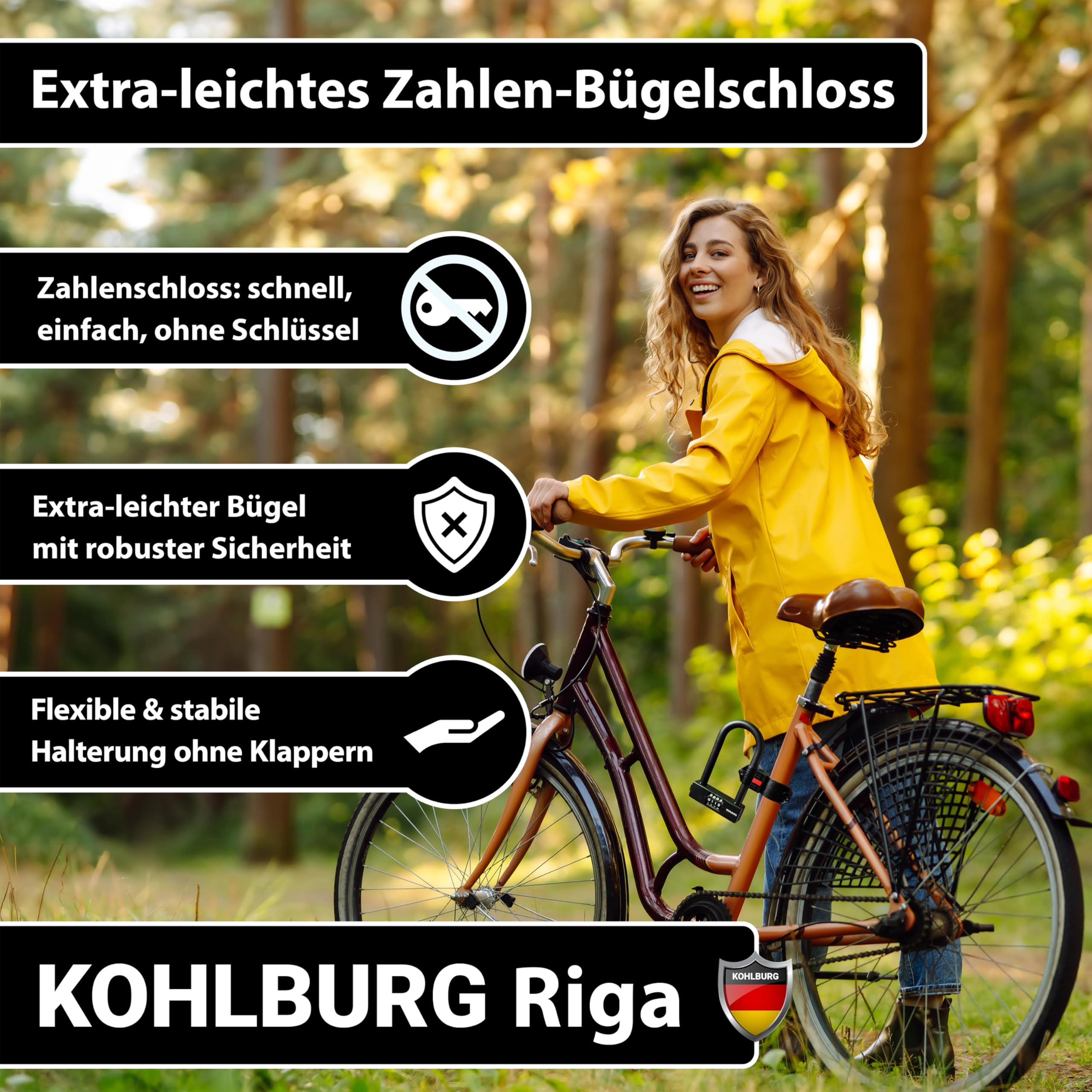 KOHLBURG Zamek rowerowy U-Lock, grubość 15 mm, mały i bardzo lekki | Bezpieczny, z uchwytem, blokada U, z kombinacją, ulock kombinowany, do roweru wyścigowego i e-roweru