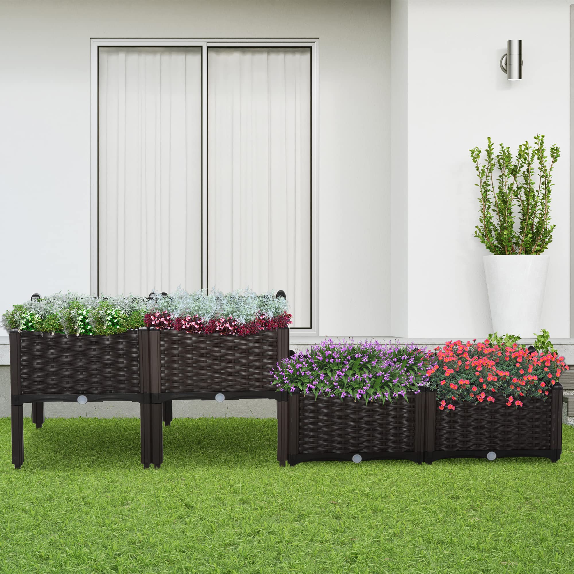 Outsunny Jardinière sur Pieds carré Potager 80L x 80l x 44H cm Chocolat | 2 Étages, Insert d'irrigation, Plastique Imitation Rotin Tressé