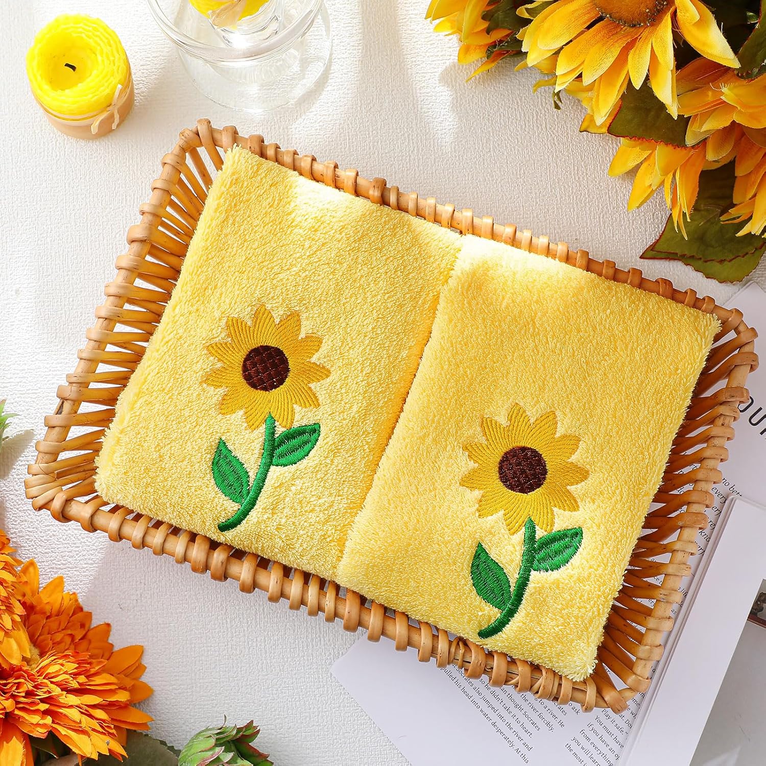 2 Pcs Sunflowers Hand Towels Bright Yellow Bathroom Decor 14x29 Inch Embroidered 100% Cotton Soft Absorbent Spring Summer Decorative Hand Towels for Bathroom Kitchen - Image 6