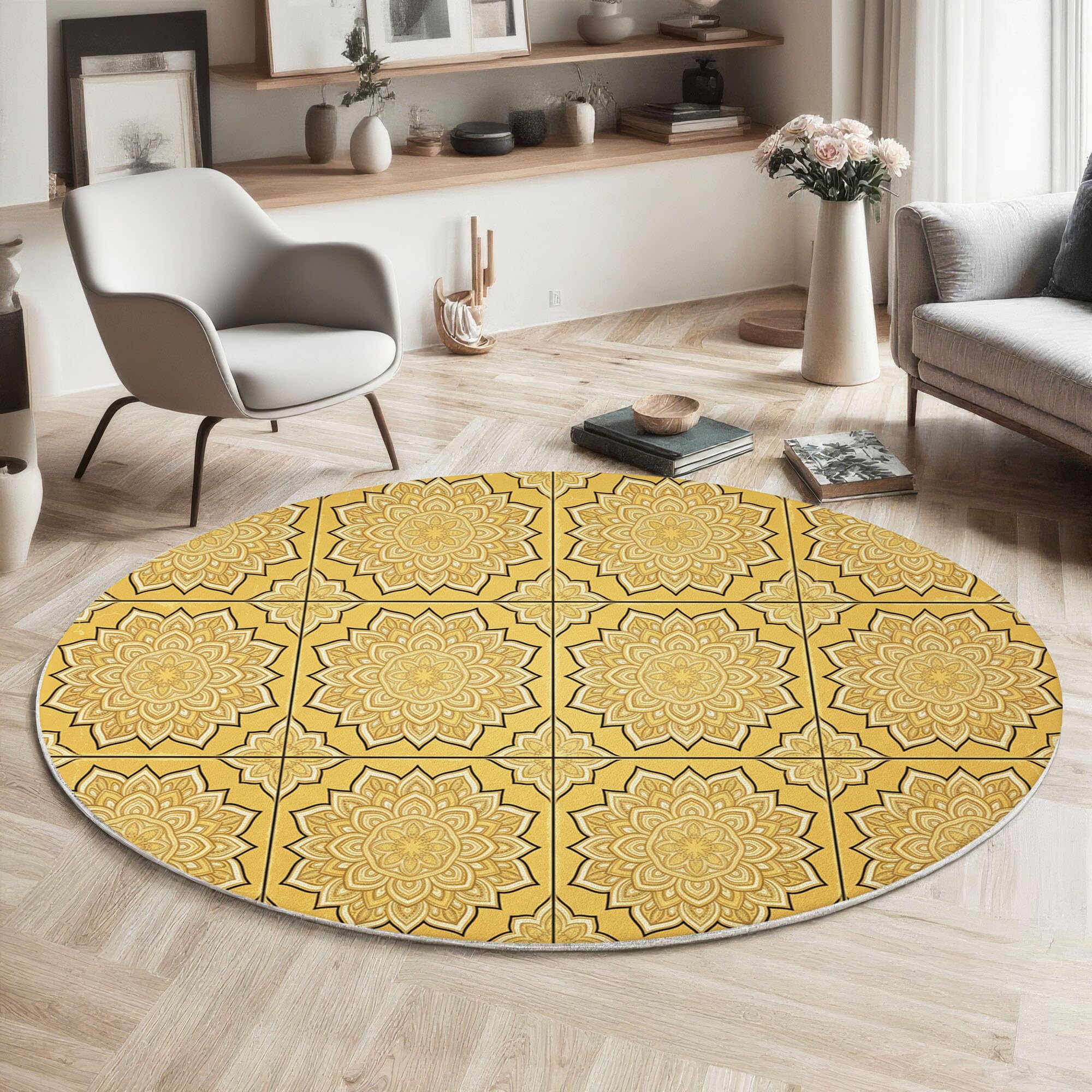 Tapis poils courts mandala jaune doré 200cm antidérapant