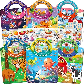 Elfew Pack of 6 3D Reusable Sticker Books for Children 2-4 Years Stickers for Children Sticker Book from 2 Years Boys Girls Gift Toddlers Birthday Party Accessories
