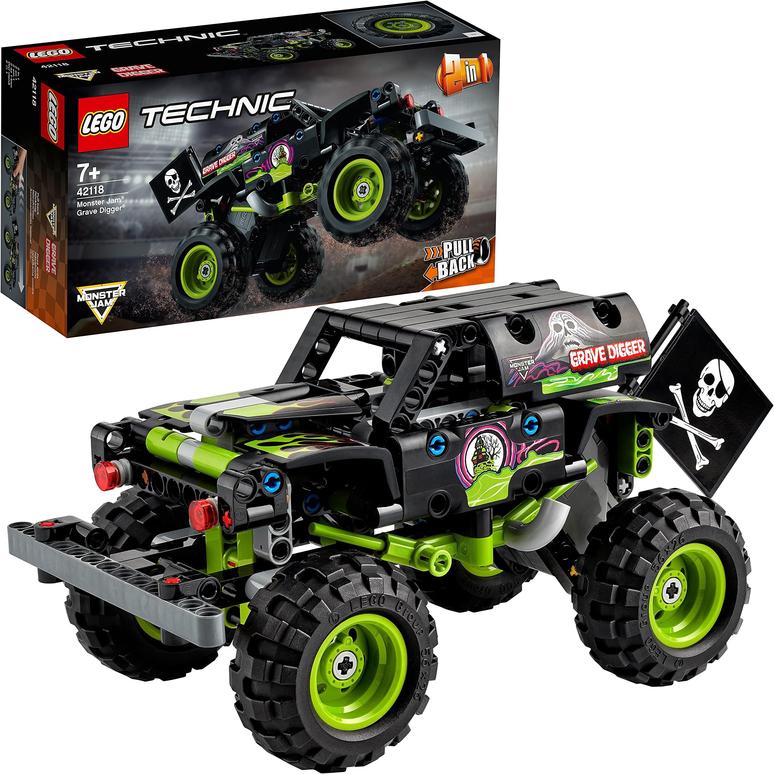 Technic Monster Jam Grave Digger 42118 Model Building Kit for Kids Who Love Motor Sports and Monster Truck Toys; 2-in-1 Toy with Pull-Back Action for Racing and Stunt Fun (212 Pieces)