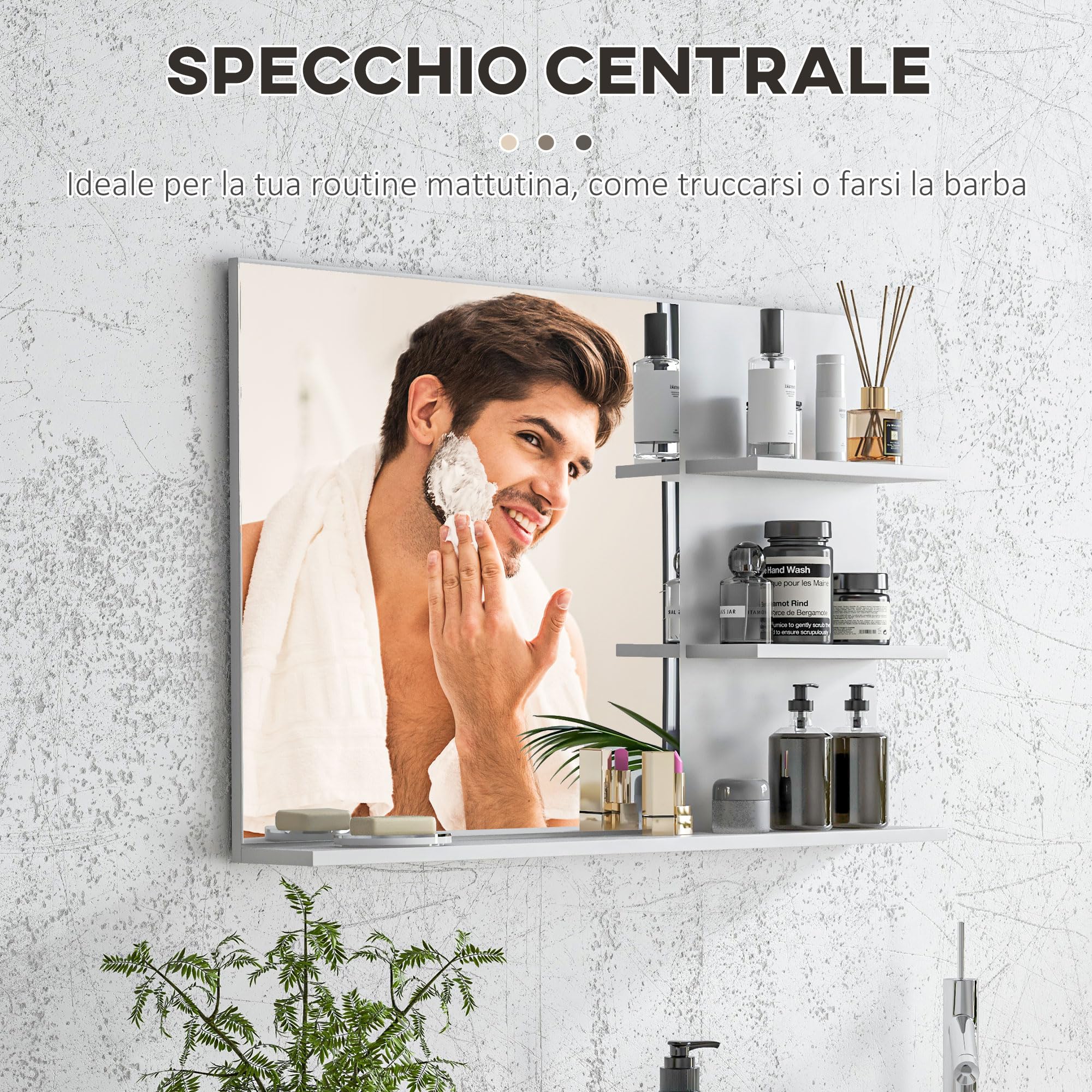 kleankin Specchio Bagno Moderno con 2 Ripiani Laterali e Ripiano Inferiore, Specchio da Parete in MDF e Vetro, 75x10x48 cm, Bianco