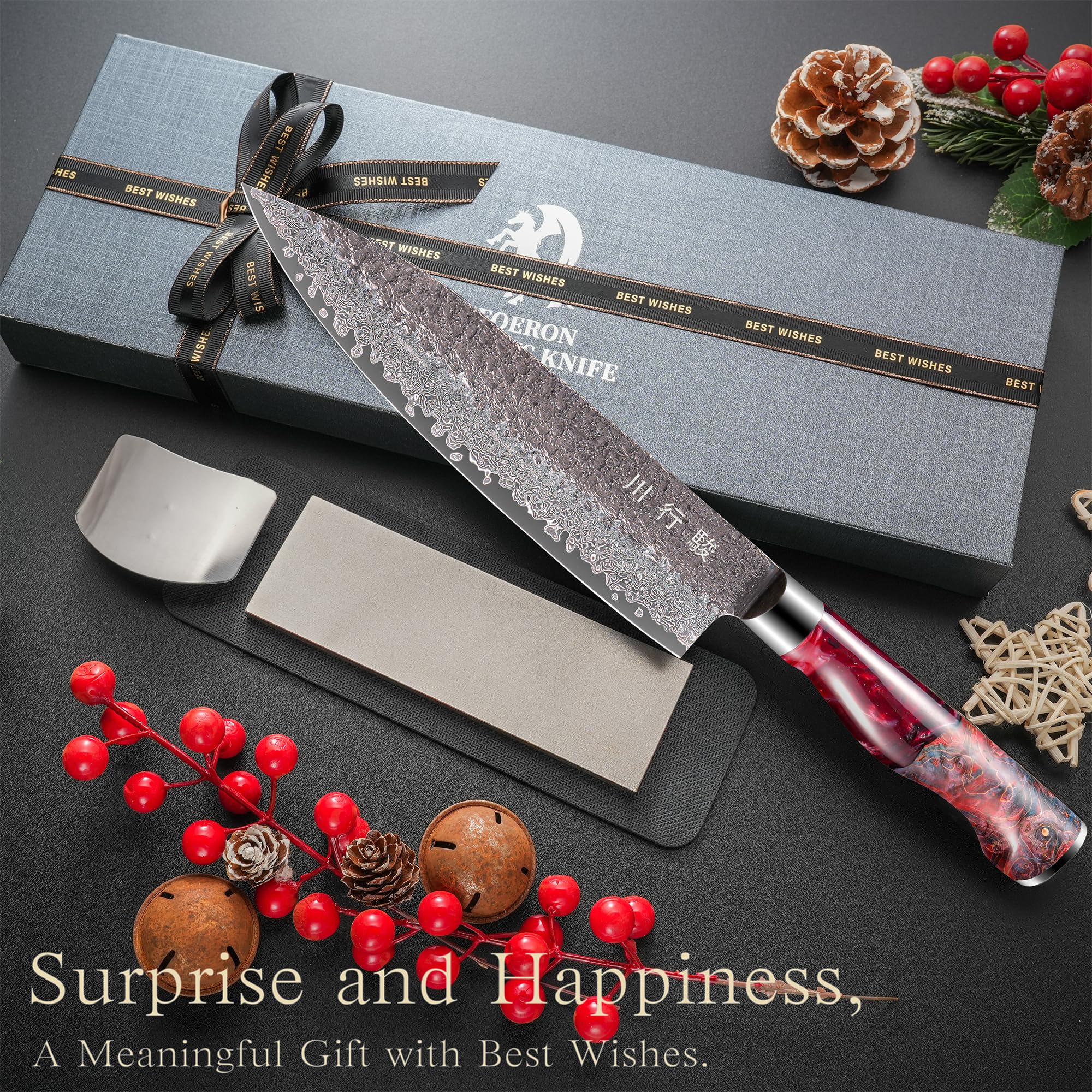 Japanese Chef Knife,8 Inch Chefs Knife Damacus with VG10 Steel Core,Professional Black Forged Kitchen Knives with Ergonomic Handle,Sharpening Stone & Luxury Gift Box, Cooking Gifts for Men Women — Amazon image 2