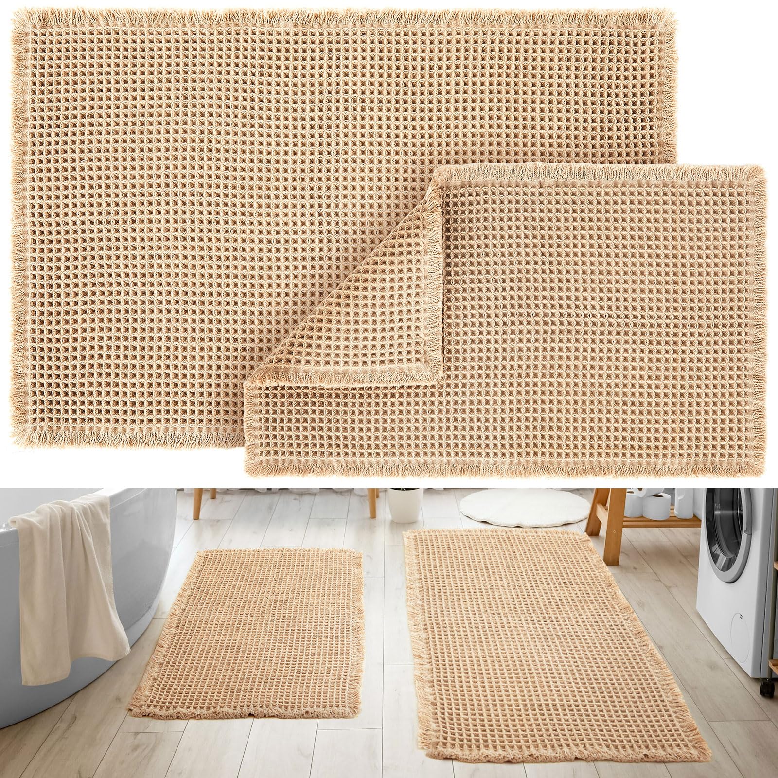 Tinideya Waffle Bathroom Rugs and Mats Sets 2 Pcs Waffle Bath Mat 18 x 30 and 24 x 36 Absorbent Non Slip Machine Washable Bath Rugs(Brown)