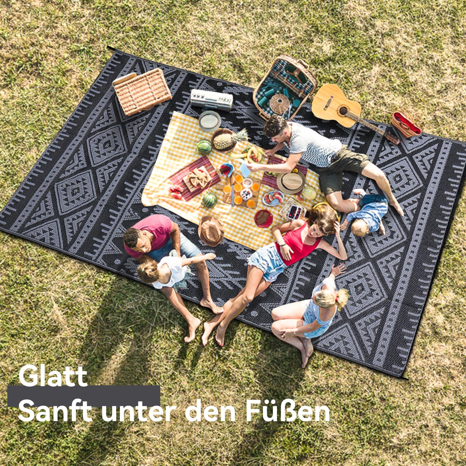 Homaxy Outdoor Teppich Wetterfest, Kunststoff Stroh Faltbar Waschbar UV-beständig Wendbar Balkon Garten Teppich für Terrasse Camping Picknick (120 x 180 cm, Schwarz & Grau)