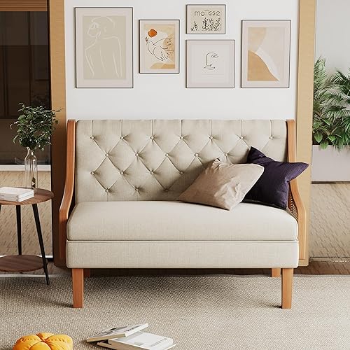 Miniatura 6 de Andeworld Banco de sofá biplaza con brazos de ratán natural, mini sofá tapizado moderno, banco de comedor de banqueta, asiento de amor para sala de