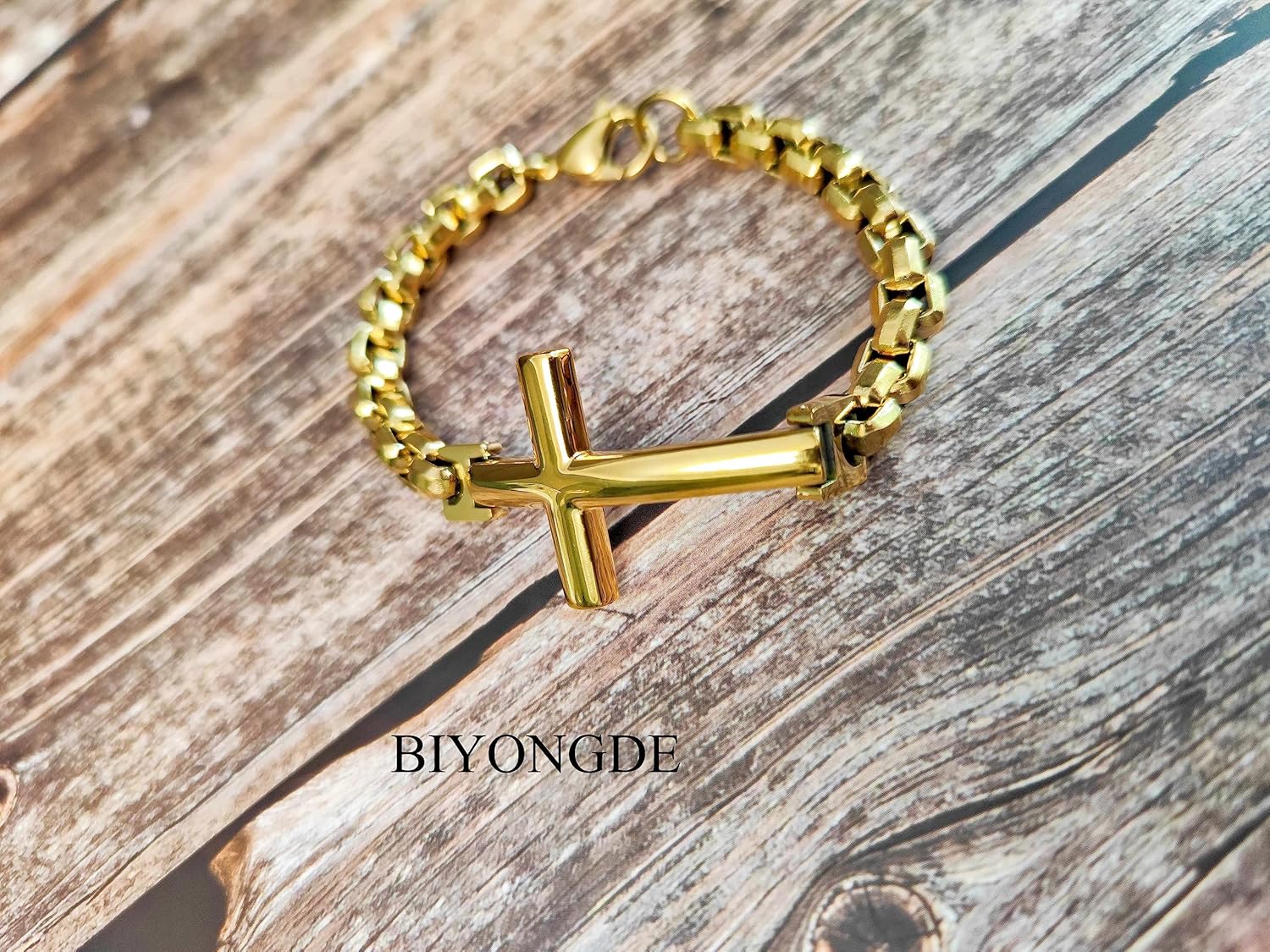 Men Horizontal Sideway Lateral Cross Rolo Chain Link Chain Bangle Bracelet Steel - Image 5