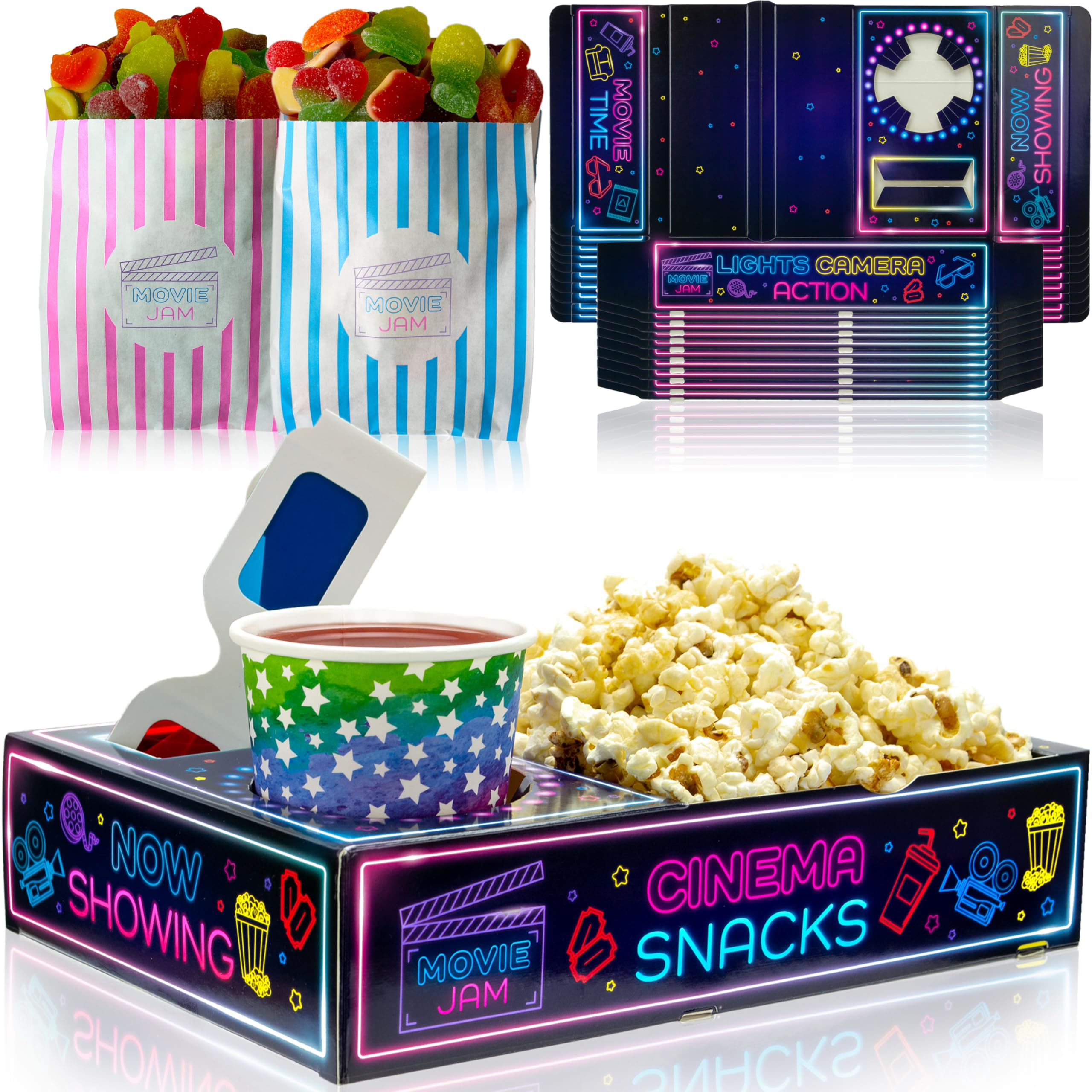 Moviejam Movie Night Snack Trays – Neon Edition | 10 Cardboard Popcorn Boxes & 10 Candy Bags + 10 Movie Ticket Invitations