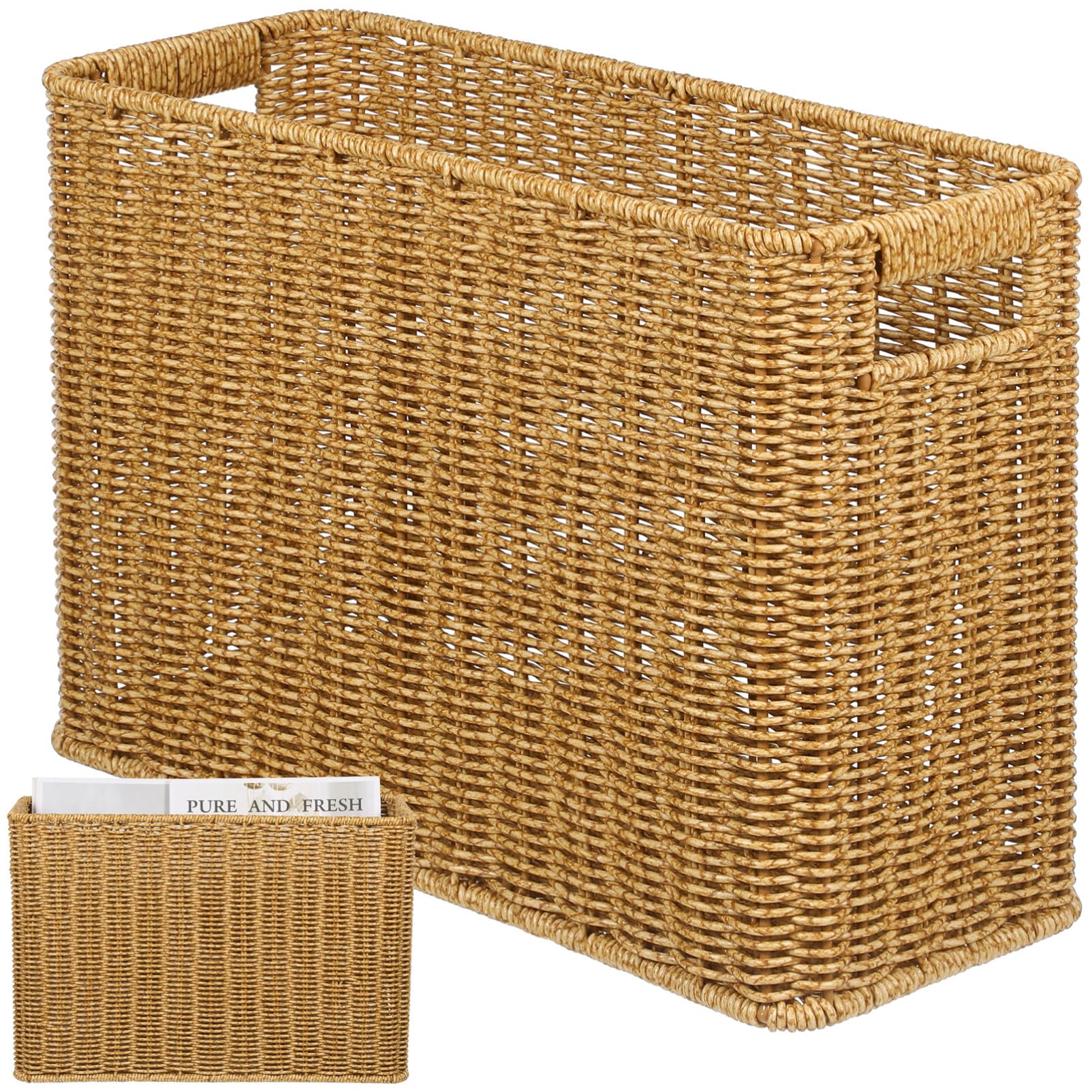 STOBAZA Woven Basket with Handles Magazine Book Storage Basket Bin for Home Office, Handwoven Narrow Basket for Books, Newspaper, File and Mail - 38.00X26.00X15.00CM