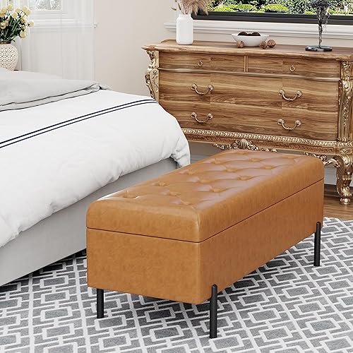 Miniatura 5 de Banco de almacenamiento de piel sintética copetudo, banco otomano tapizado con almacenamiento para dormitorio, sala de estar, entrada, banco