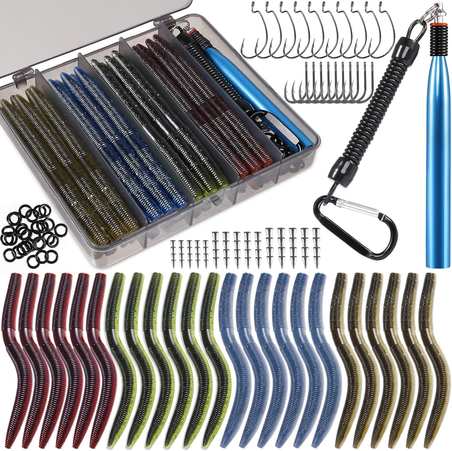 PLUSINNO 133PCS 5.5" Wacky Worm Fishing Lure Kit, Soft Plastic Fishing Lures, Grub Baits Hook Wacky Rig Bass Trout Fishing Worms Lures w/ Tackle Box-A : Sports & Outdoors