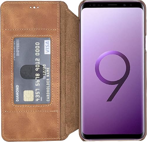 Venito Venice - Funda delgada compatible con Galaxy S9 Plus con soporte, cartera, cierre automático y función de bloqueo RFID (marrón antiguo)