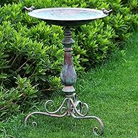 Newtay 27.25" Ornate Vintage Pedestal Bird Bath with Cast Iron Birds, Green Rust-Resistant Metal for Garden Patio