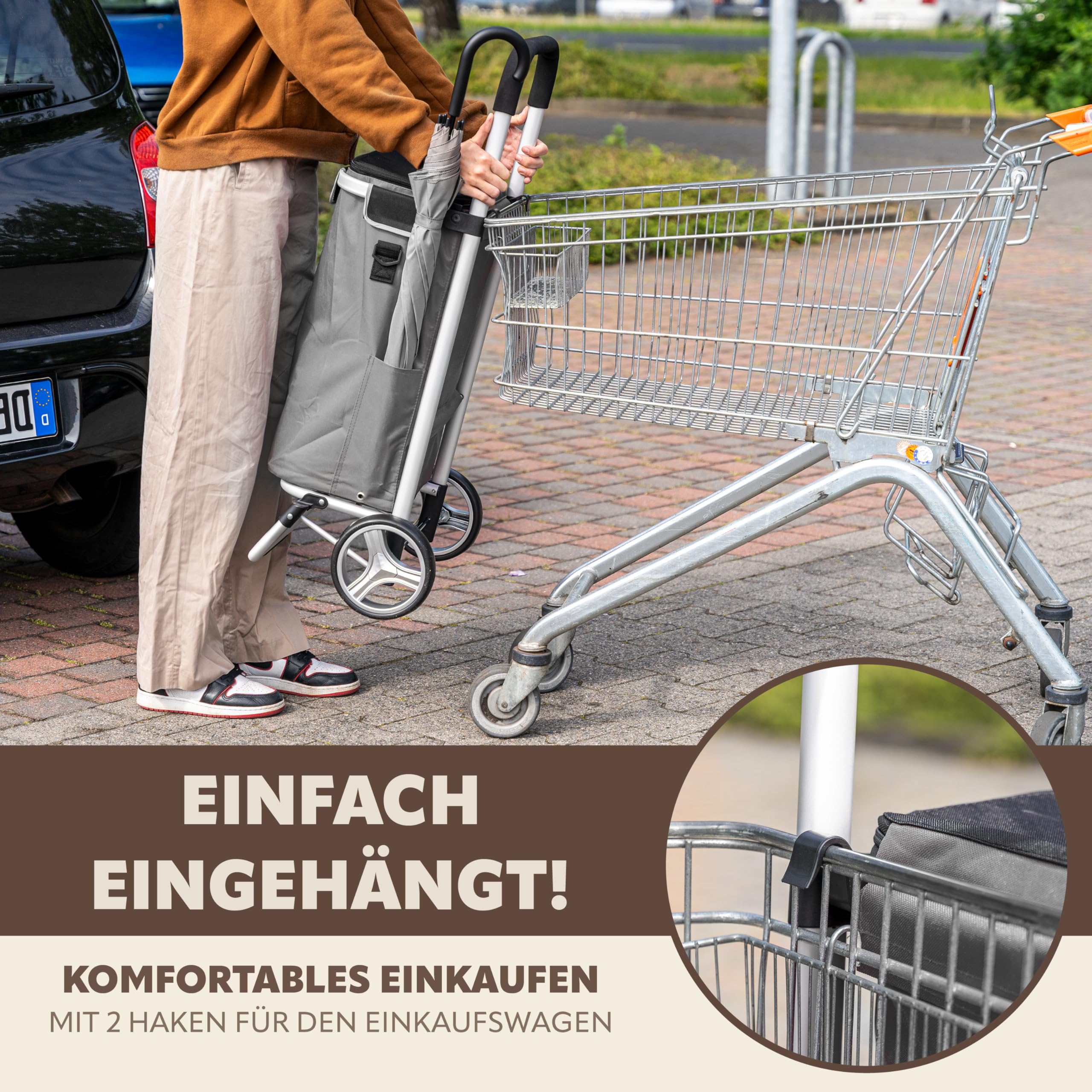 bremermann Einkaufstrolley BRINKUM - 45 L Kapazität, Faltbarer Einkaufswagen, mit Abnehmbarer Tasche inkl. Kühlfach, Einkaufschip, Einkaufswagenhalterung und Reflektorstreifen (Grau)