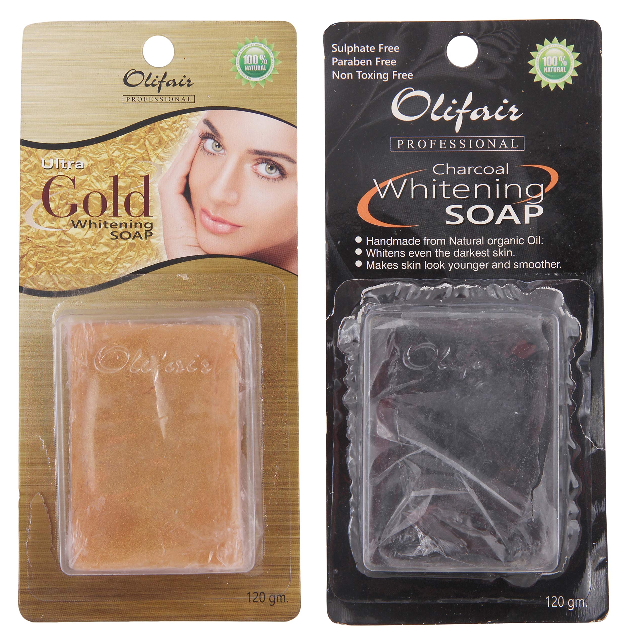 OLIFAIR Gold Soap & Charcoal Soap, Multi-Color, 100 grams (Pack of 2)