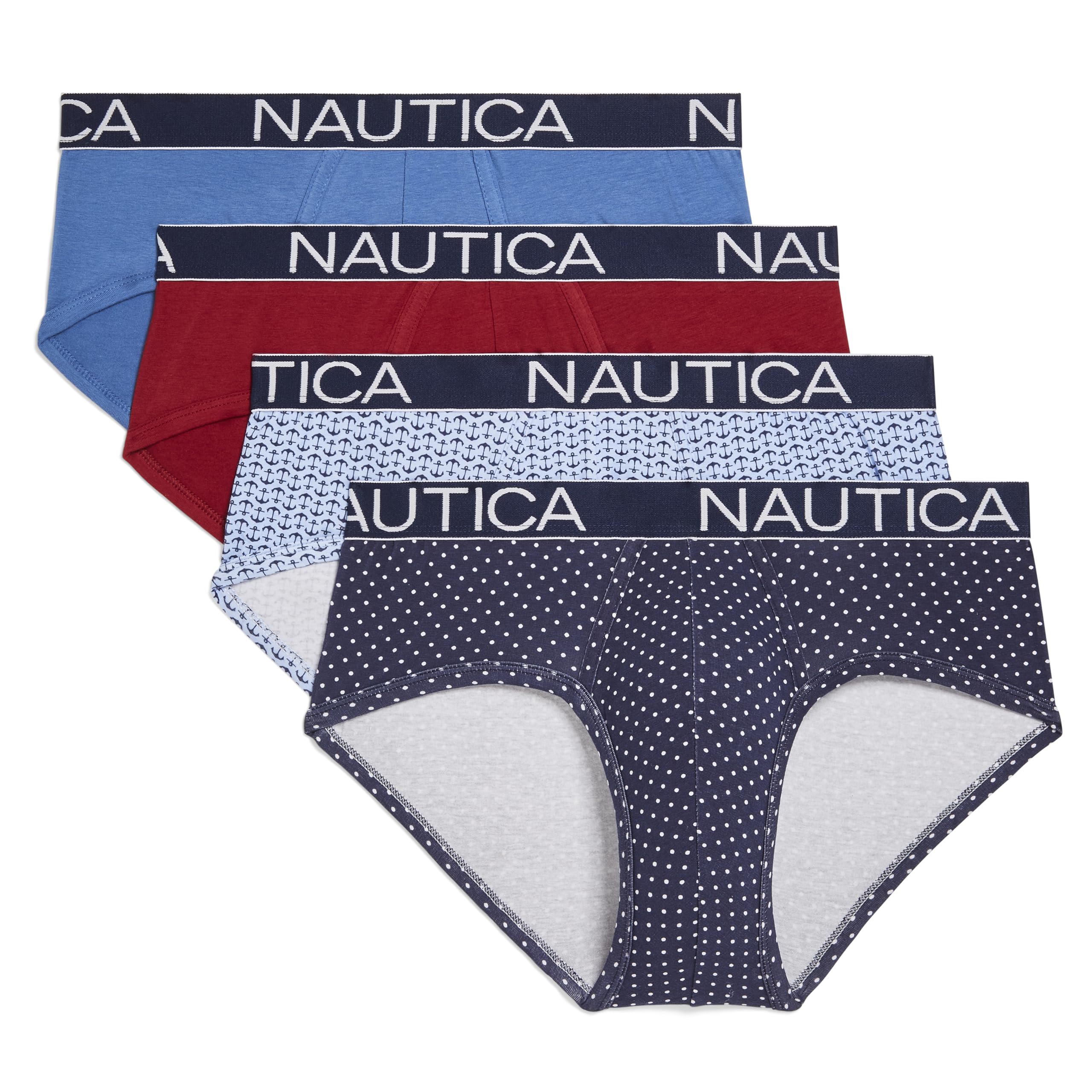 Nautica Men's Delf Biking Red/Anchor-Coastal Sky/Peacoat/Dot Print 4 Pack Classic Cotton Stretch Briefs, Xl (Pack Of 4)