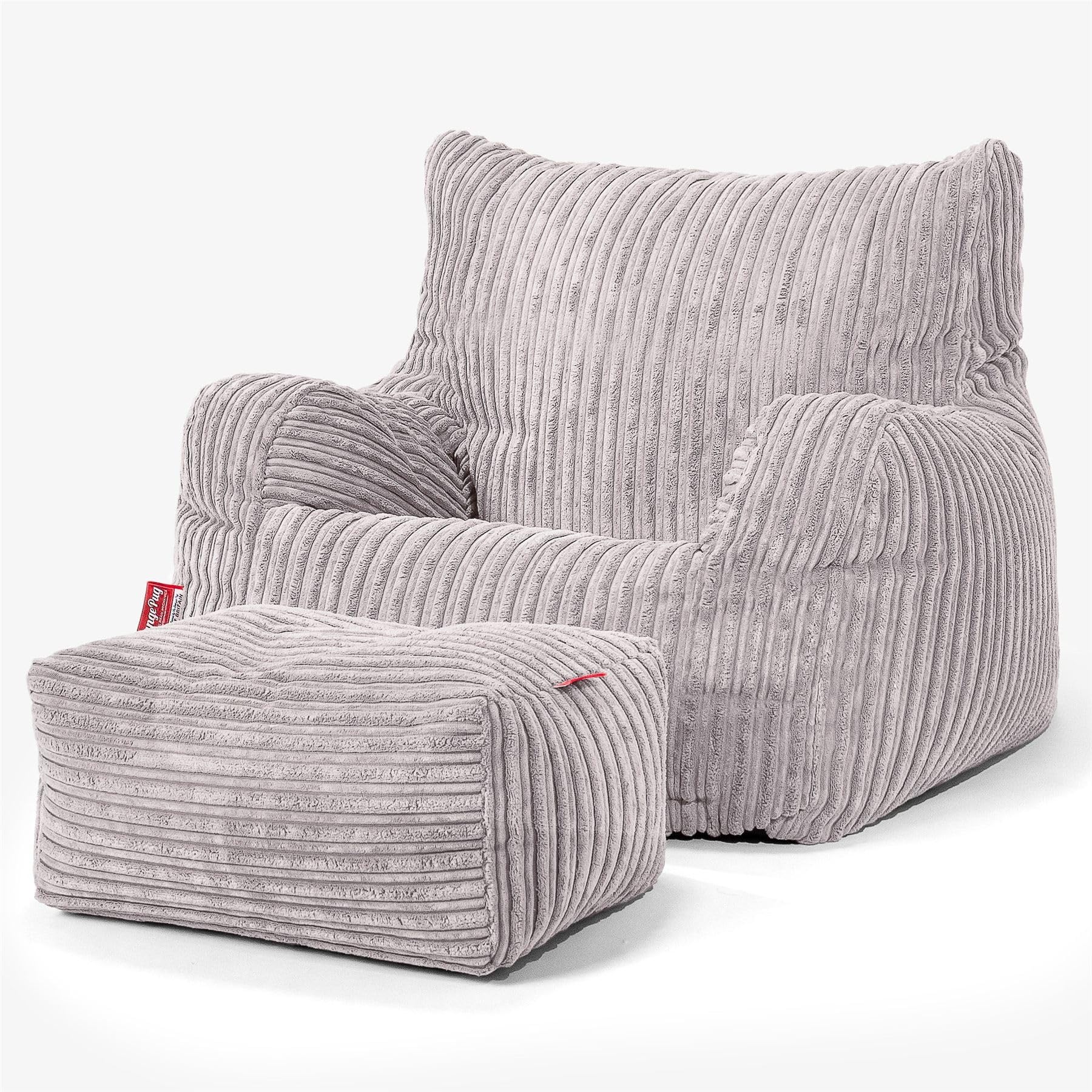 Lounge Pug Cord Fabric Armchair Bean Bag and Footstool Set for Living Room Lounge - Adult Beanbag Chair - Corduory Silver Grey