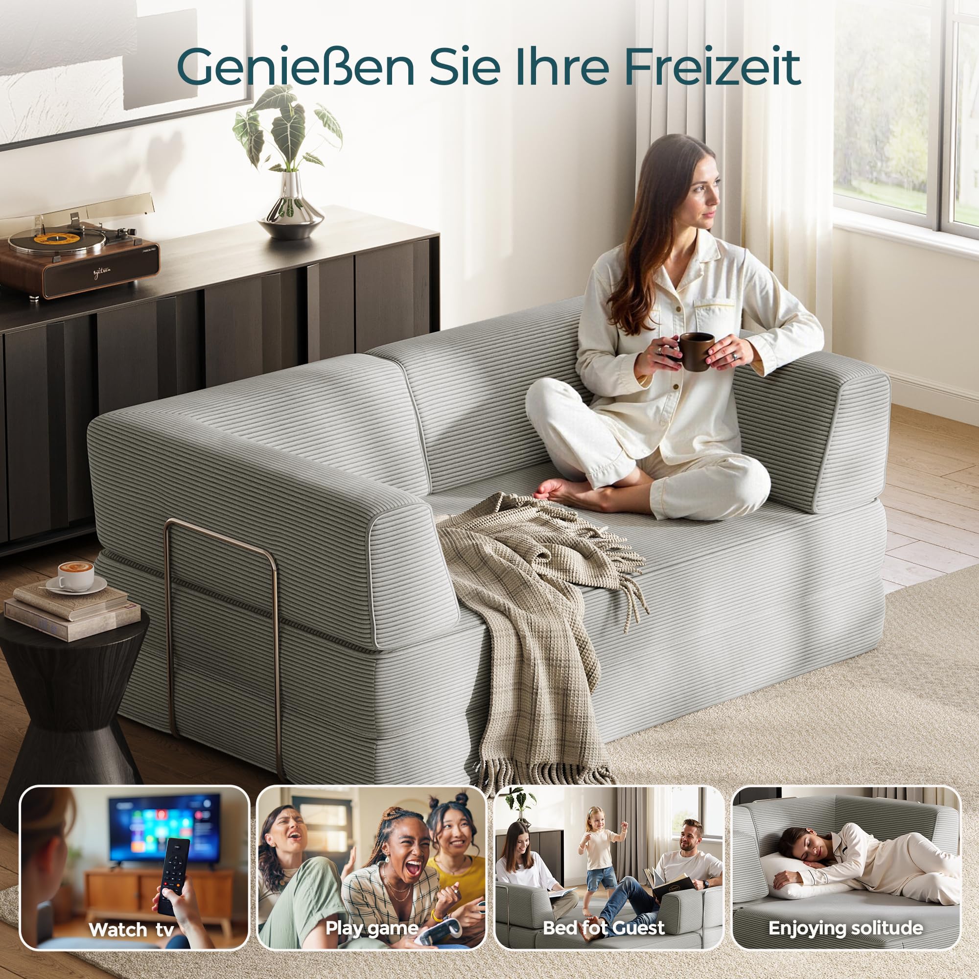LINSY HOME Sofa z funkcją spania – sofa podłogowa z poduszką na plecy – rozkładana sofa do spania o szerokości 160 cm – tkanina sztruksowa do salonu, sypialni