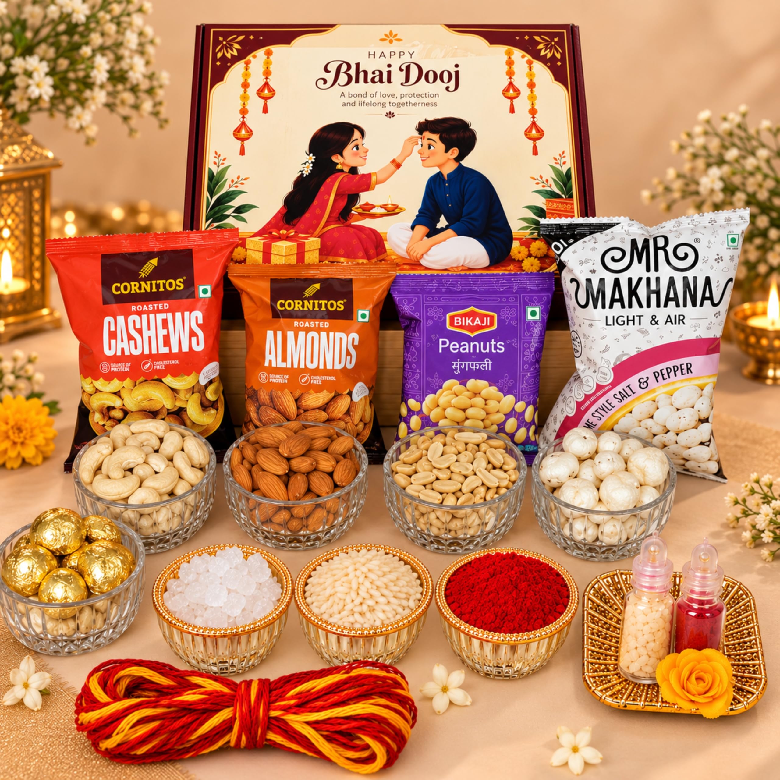 Giftrend Snacks Gift Basket for Brother with Tilak Kit | Roasted Nuts Makhana and Chocolates Gift Hamper for Bhaidooj