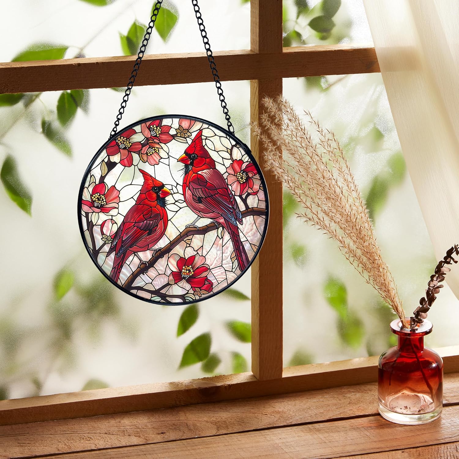 Cardinal Bird Stained Glass Window Hanging, Red Cardinal Flower Sun Catchers Indoor Window Round Glass Wall Art Decor, Bird Suncatcher Wall Hanging Decorations, Gardening & Lawn Care