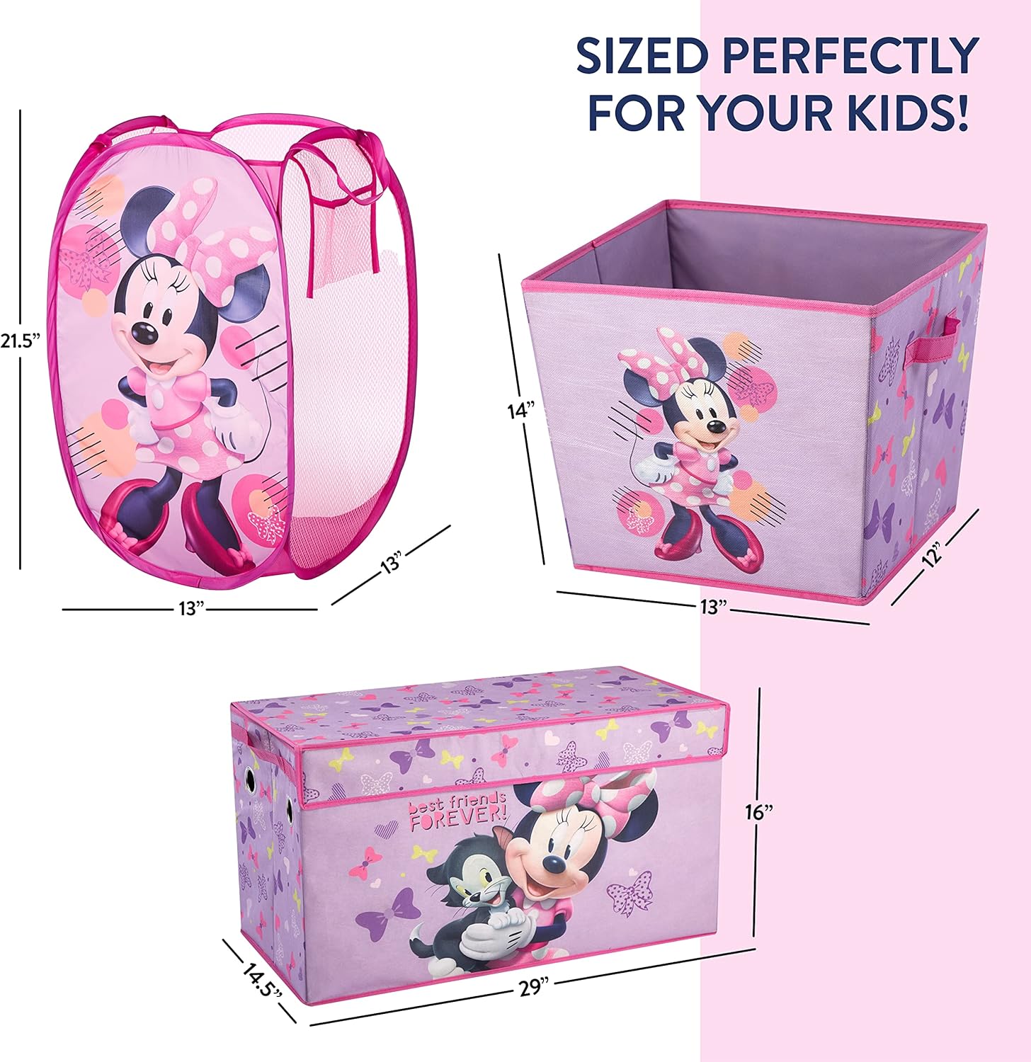 Disney Minnie Mouse 4 Piece Storage Solution Set with Pop Up Hamper, Collapsible Storage Trunk and 2 Nestable Storage Bins