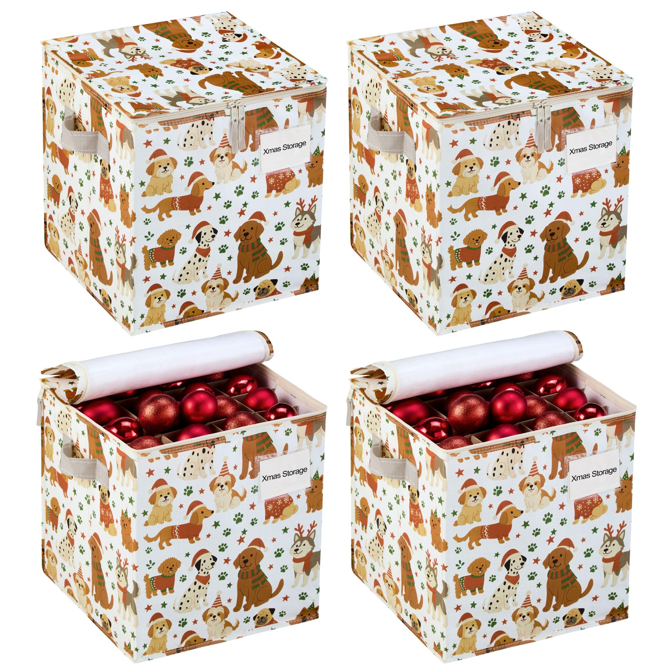 VENO 4 Pack Christmas Ornament Storage Box, Stores up to 64 Holiday Ornament, Adjustable Dividers, Zippered Top, Two Handles and Dual Zipper (Holiday Pups - 4 Pack)
