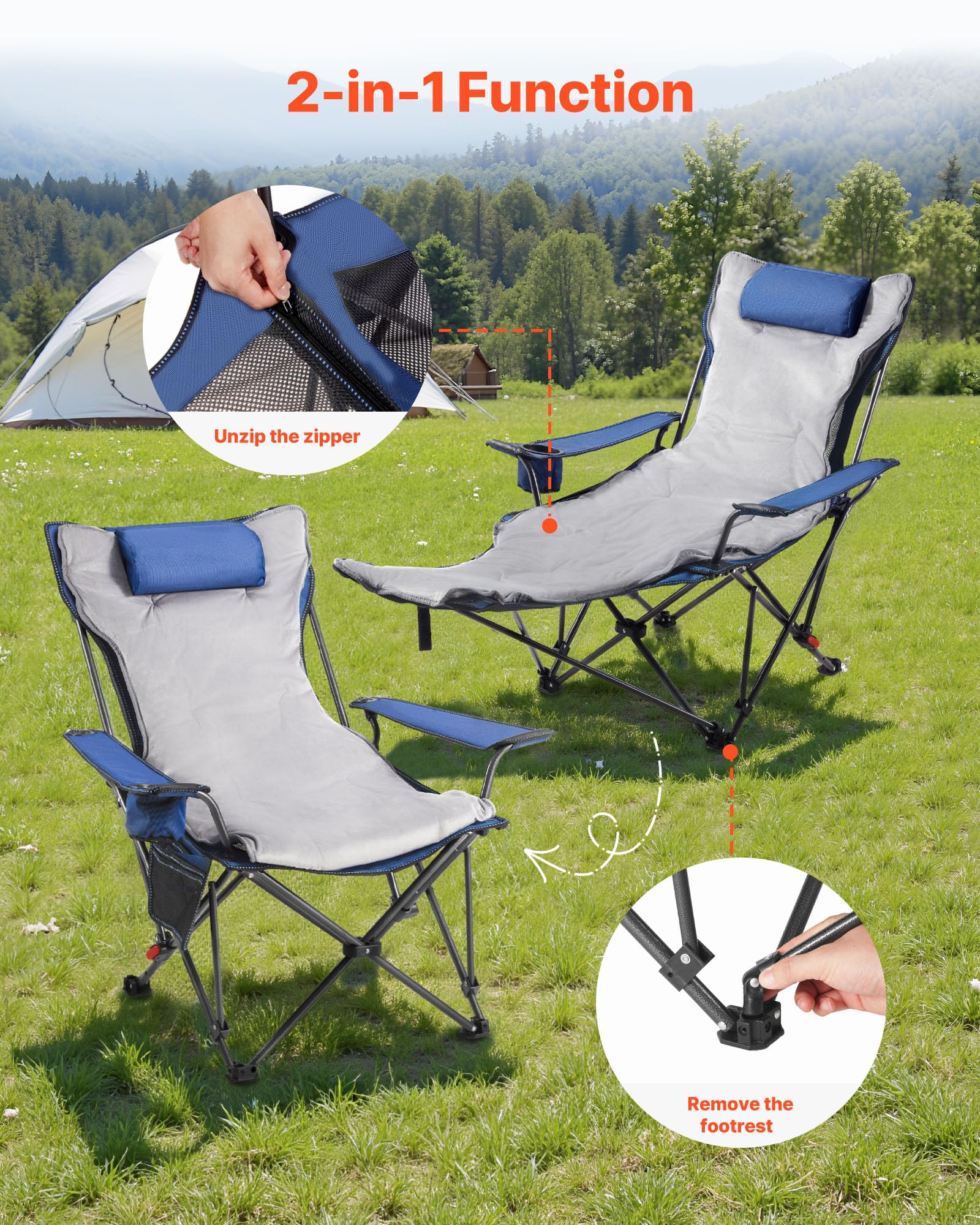 VEVOR Sedia da Campeggio Reclinabile, 4 Posizioni Regolabili, Sdraio Pieghevole Portatile per Adulti, in Rete con Poggiapiedi e Cuscino, Supporta 99,8 kg, Sedie da Campeggio per Patio, Grigio