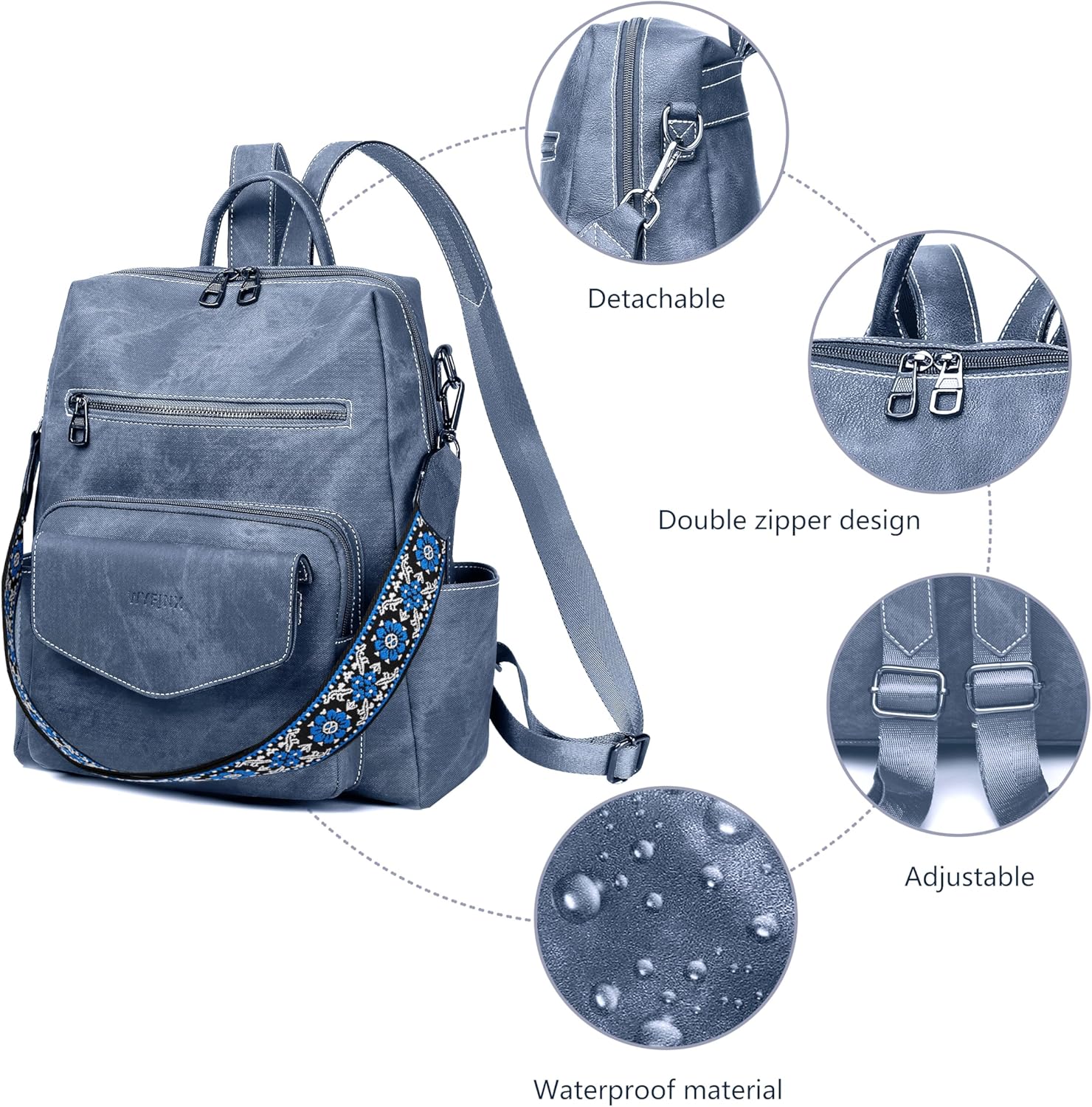 Backpack Purse for Women PU Leather Backpack Ladies Fashion Handbag Designer Shoulder Bag Small Travel Bag Blue - Image 4