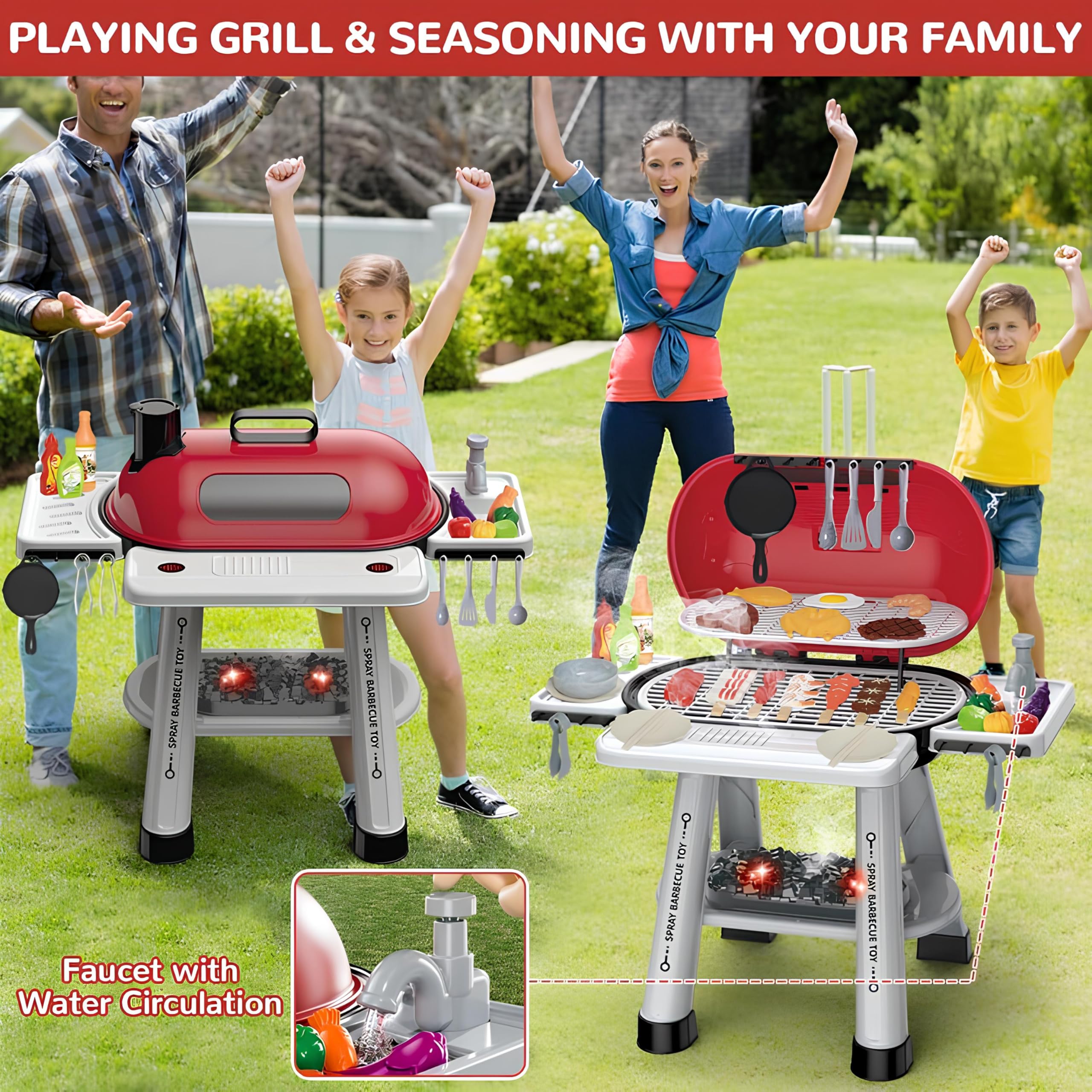 Barbecue Giocattolo Grill con Effetto Fumo Luci Suoni Realistici di Cottura Rubinetto Funzionante ad Acqua Griglia BBQ Barbeque da Cucina con Fumo Grill per Bambini con Accessori Cibo da Grigliare (A)
